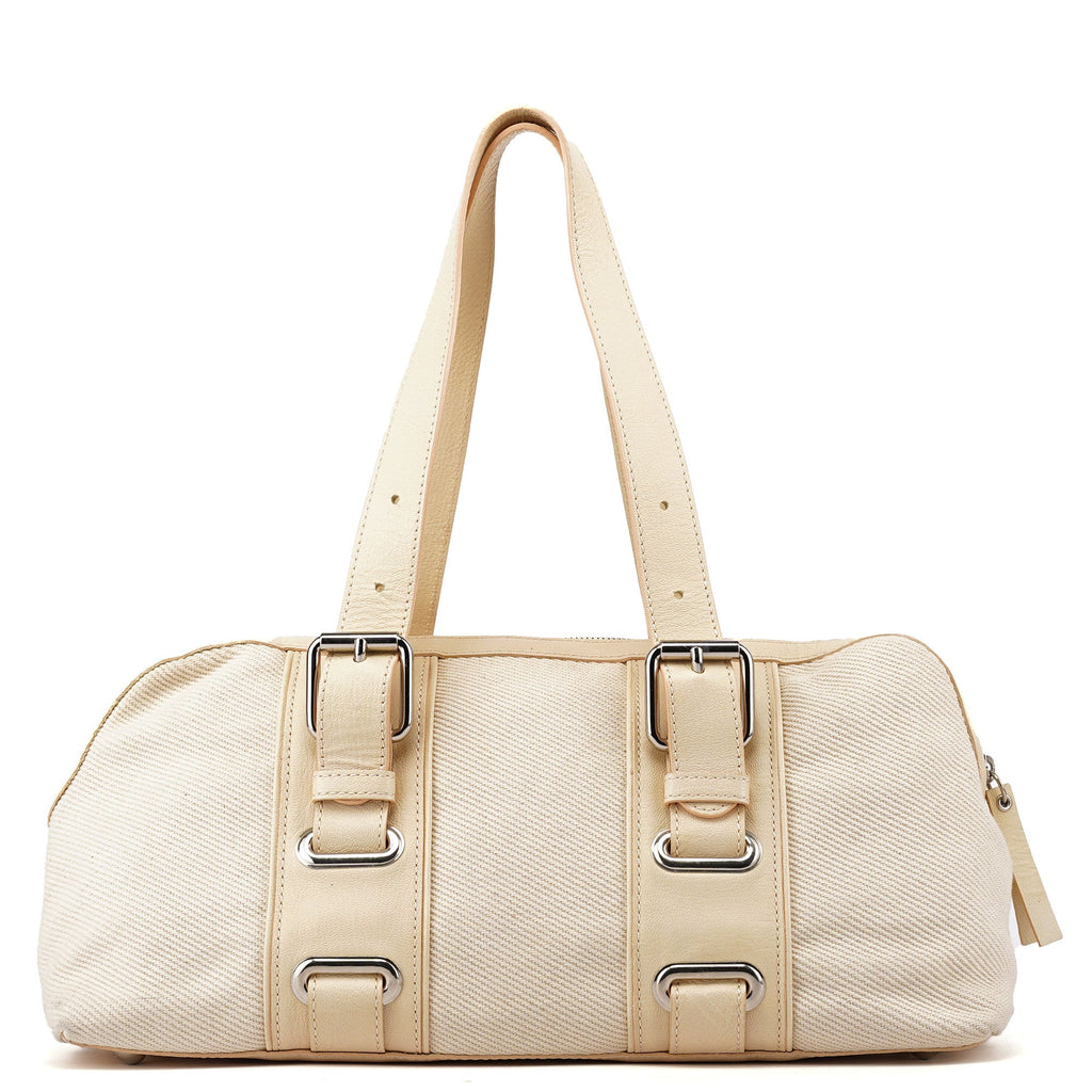 Beige Canvas Leather Boston Bag