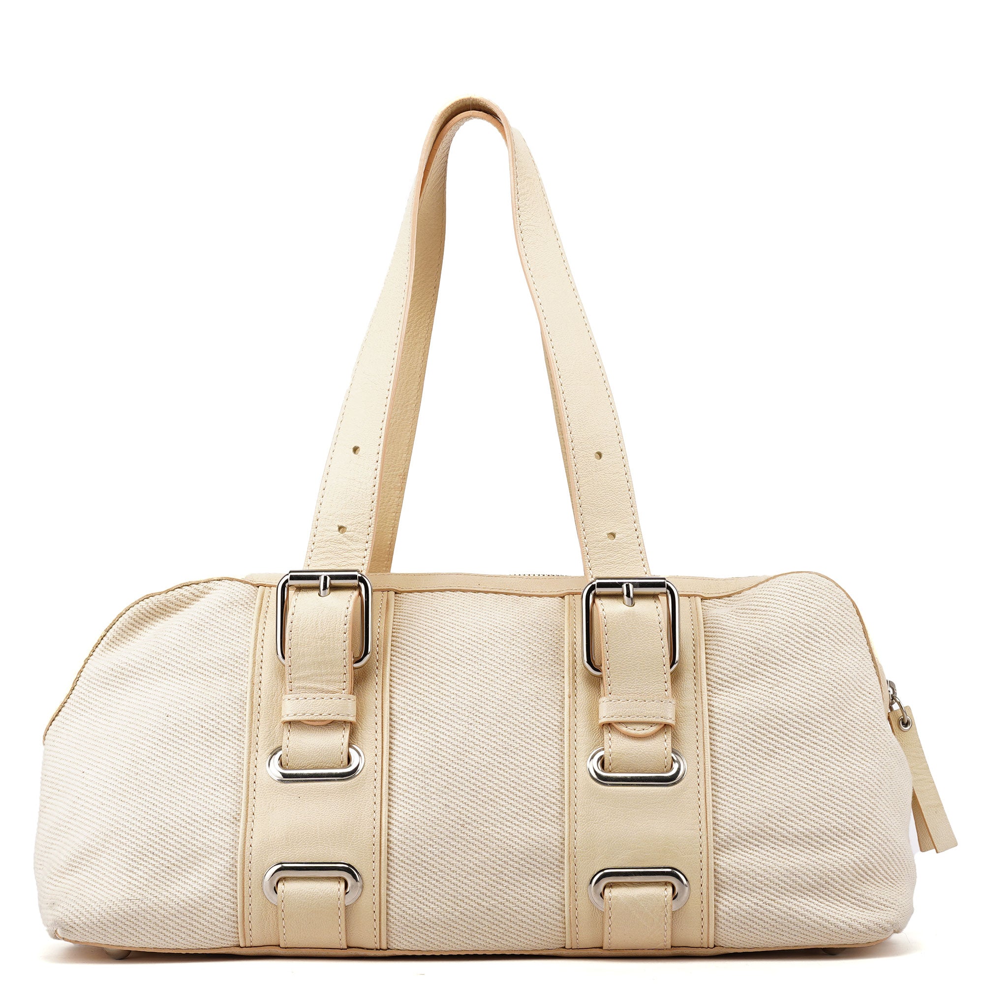 Beige Canvas Leather Boston Bag