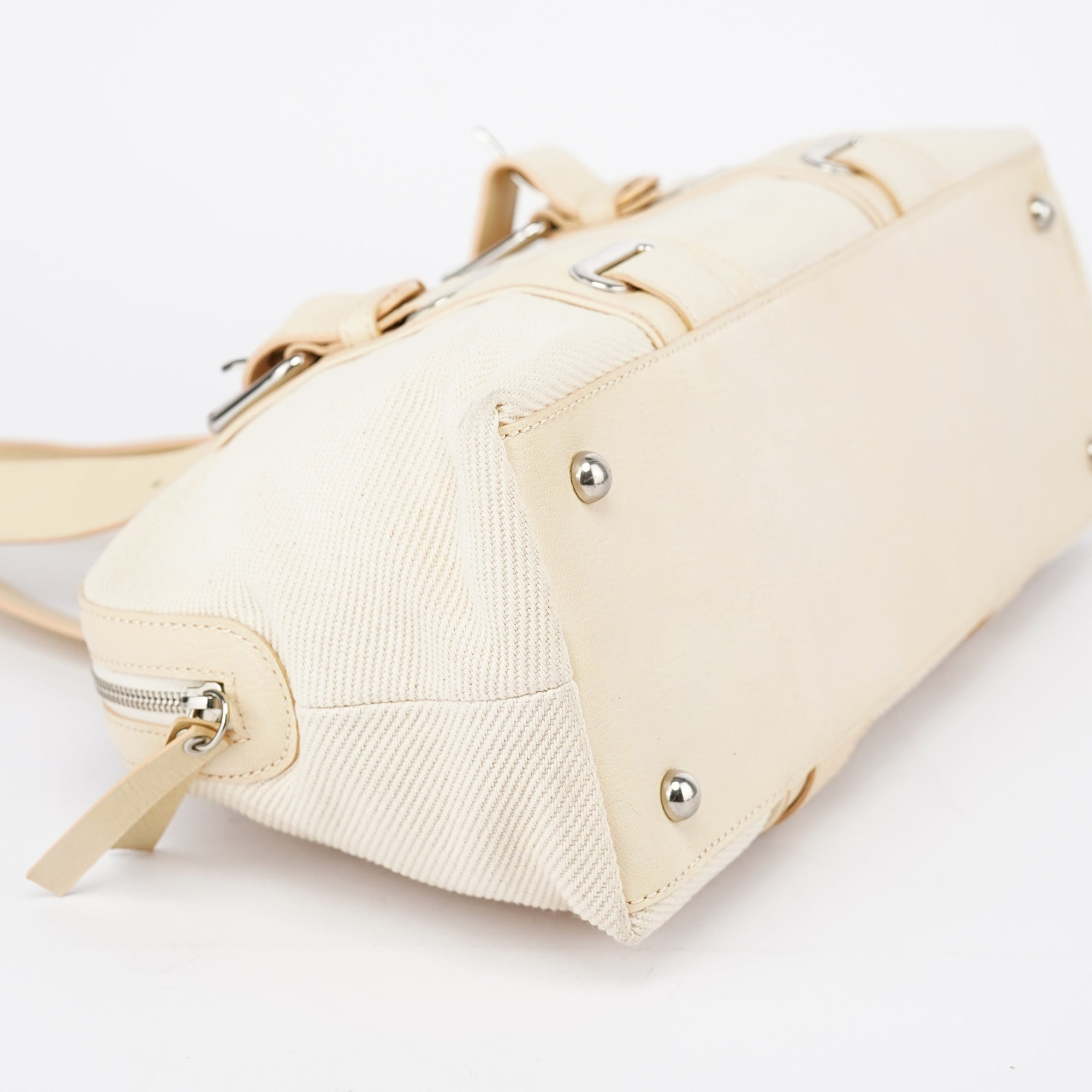 Beige Canvas Leather Boston Bag