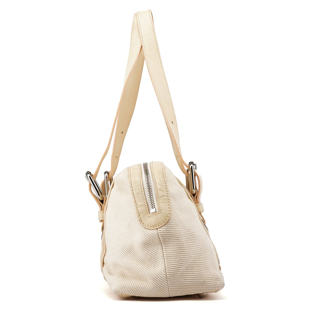Beige Canvas Leather Boston Bag