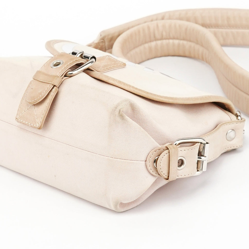 Beige Canvas Logo Flap Shoulder Bag