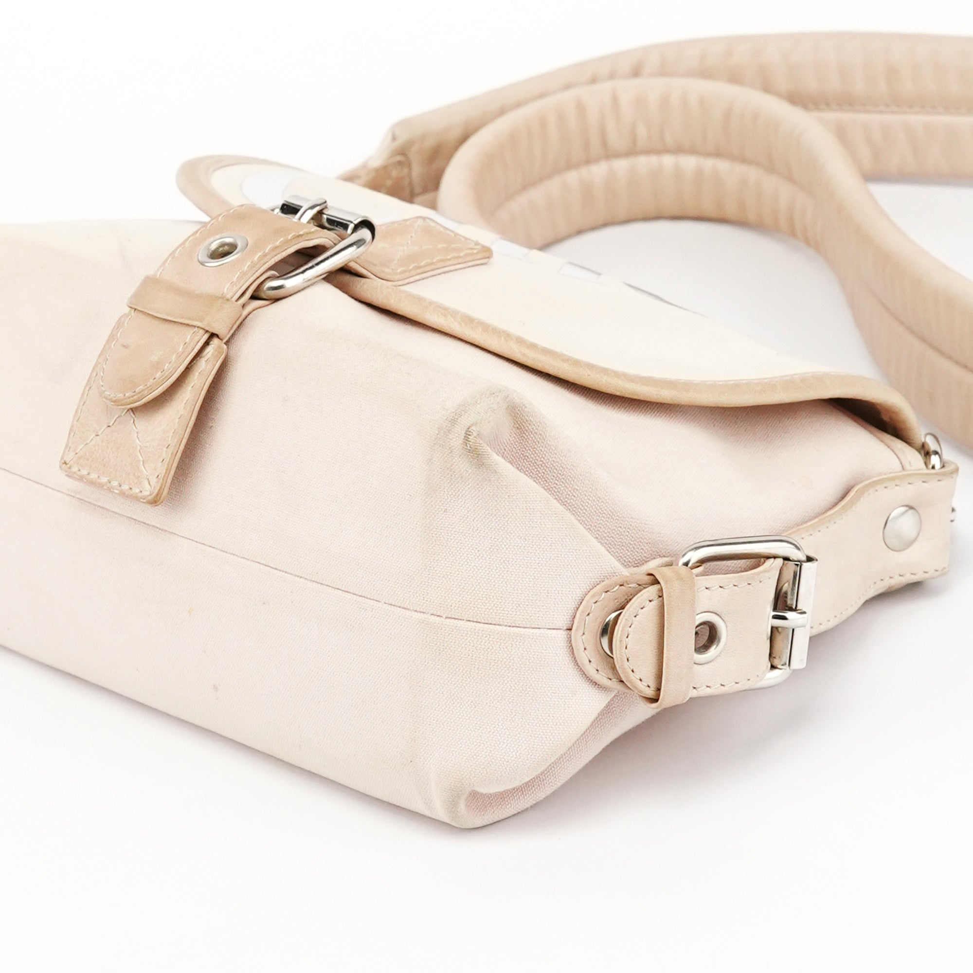 Beige Canvas Logo Flap Shoulder Bag