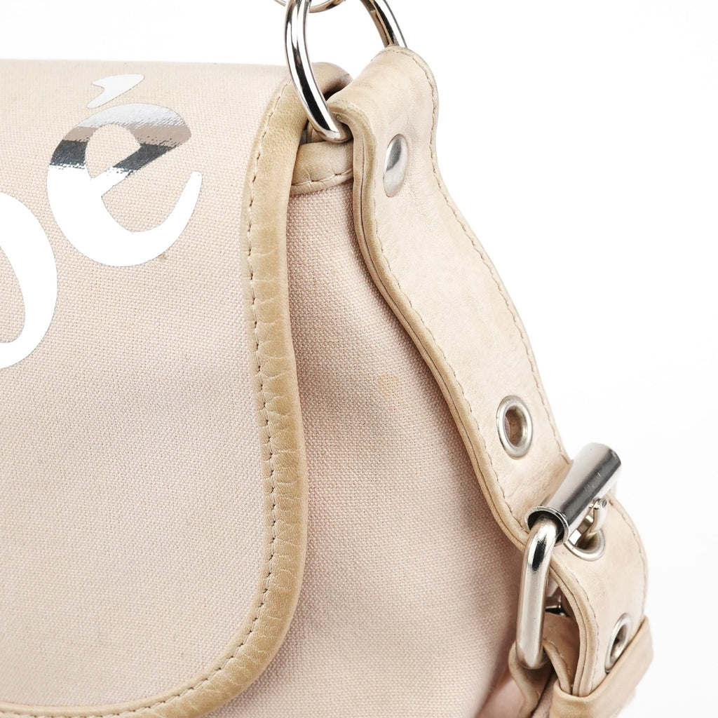 Beige Canvas Logo Flap Shoulder Bag