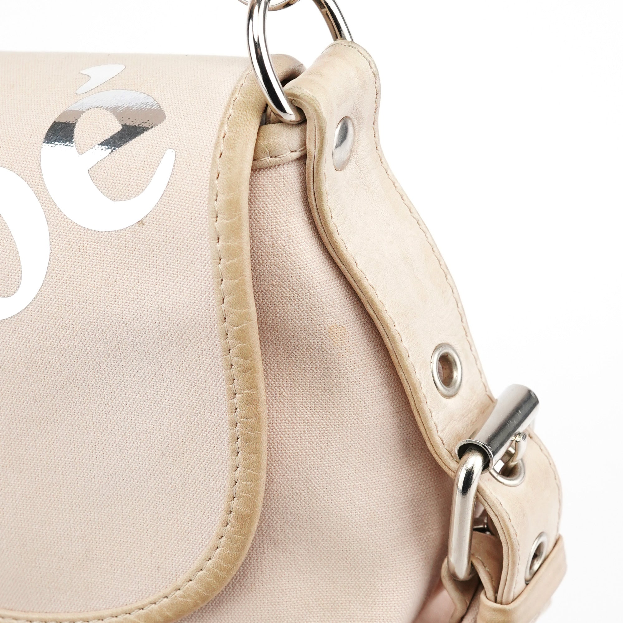 Beige Canvas Logo Flap Shoulder Bag