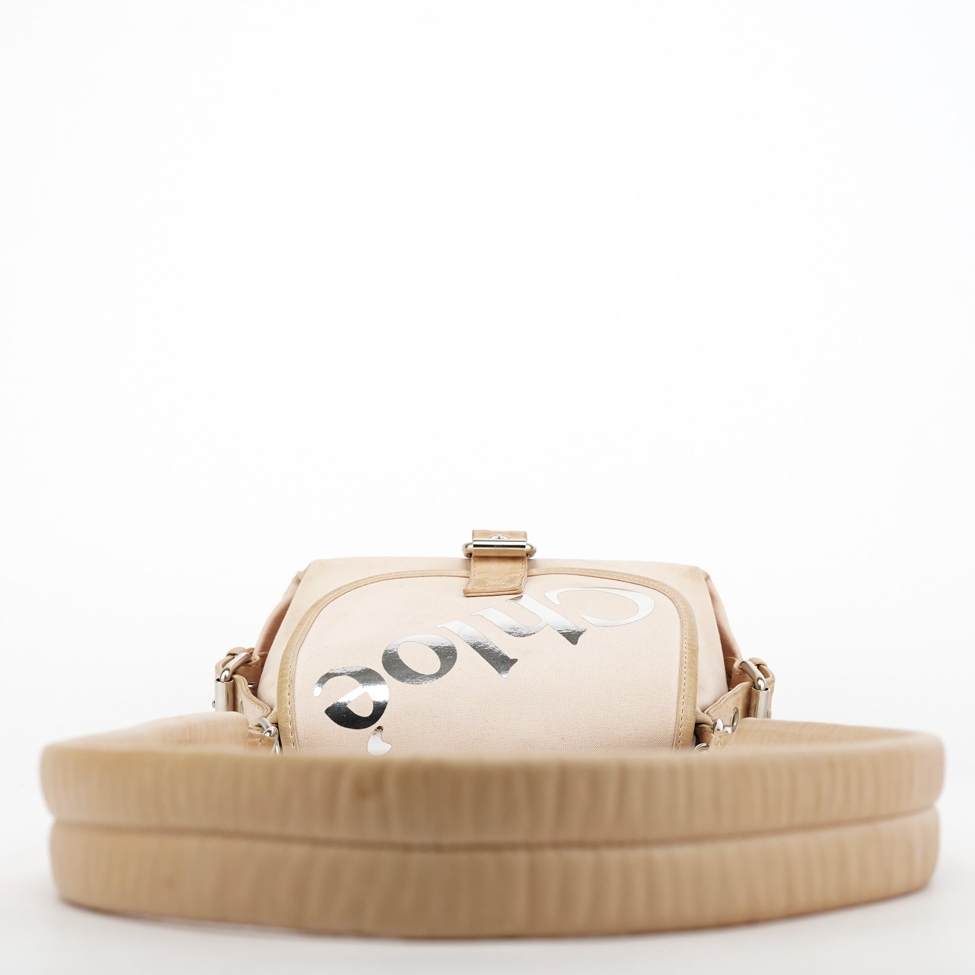 Beige Canvas Logo Flap Shoulder Bag