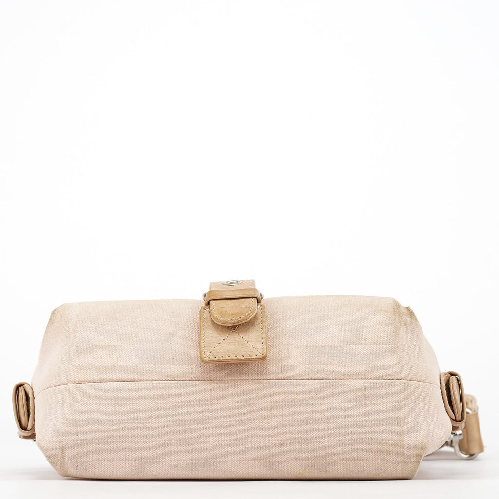 Beige Canvas Logo Flap Shoulder Bag