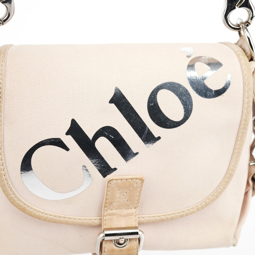 Beige Canvas Logo Flap Shoulder Bag