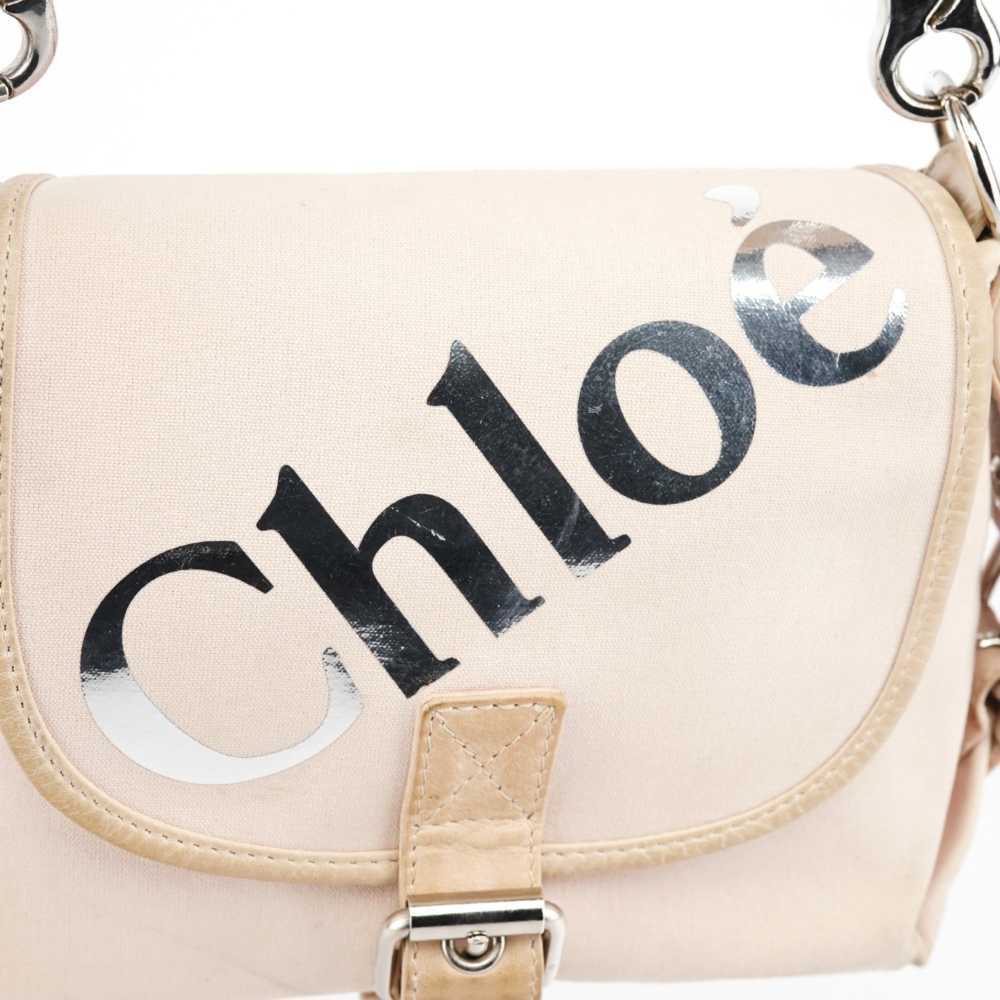 Beige Canvas Logo Flap Shoulder Bag