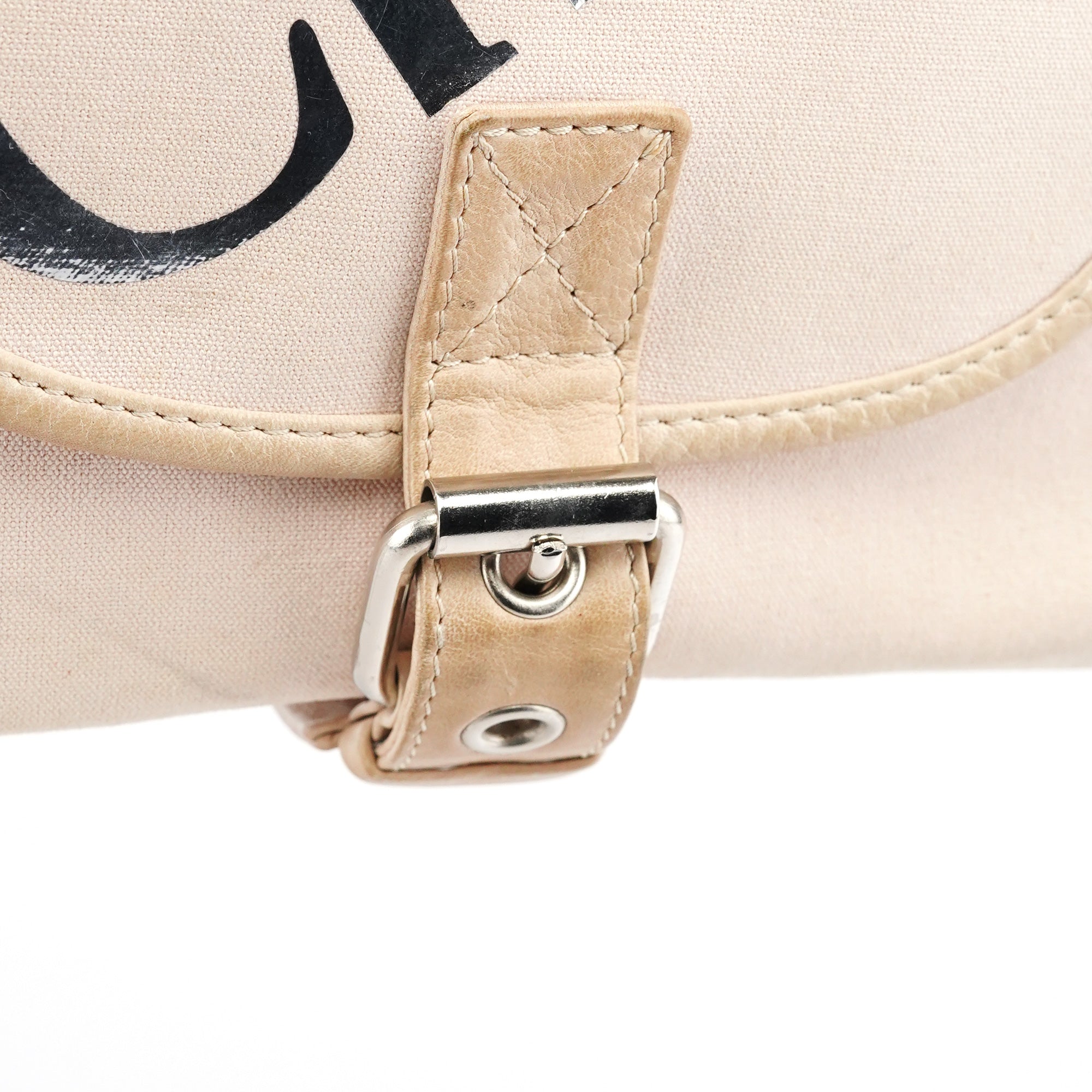 Beige Canvas Logo Flap Shoulder Bag