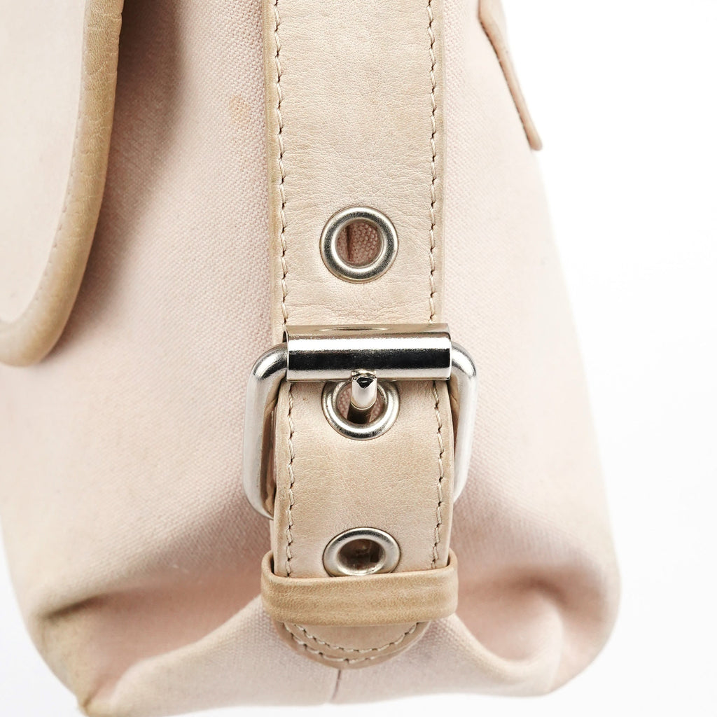 Beige Canvas Logo Flap Shoulder Bag