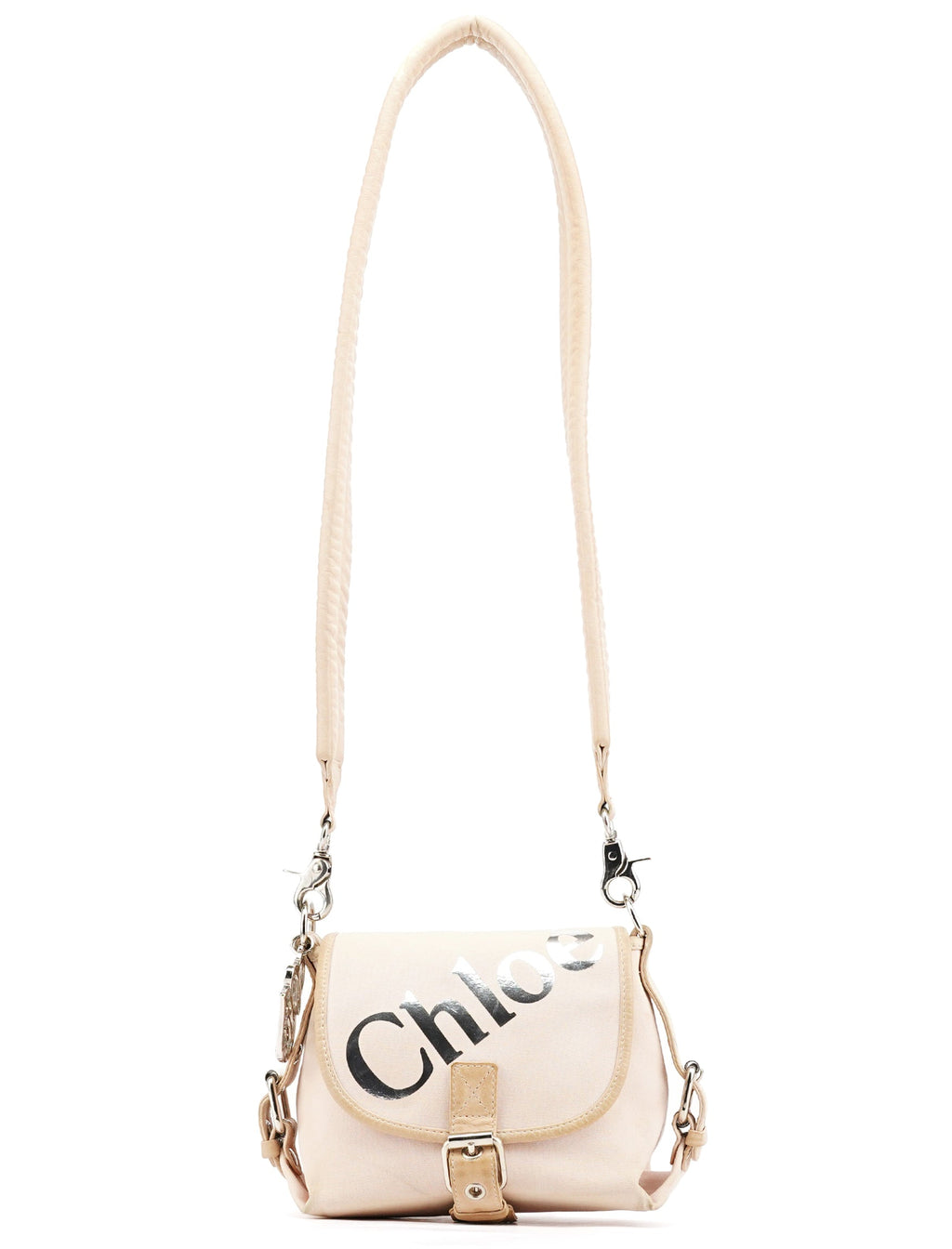 Beige Canvas Logo Flap Shoulder Bag
