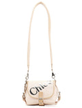 Beige Canvas Logo Flap Shoulder Bag