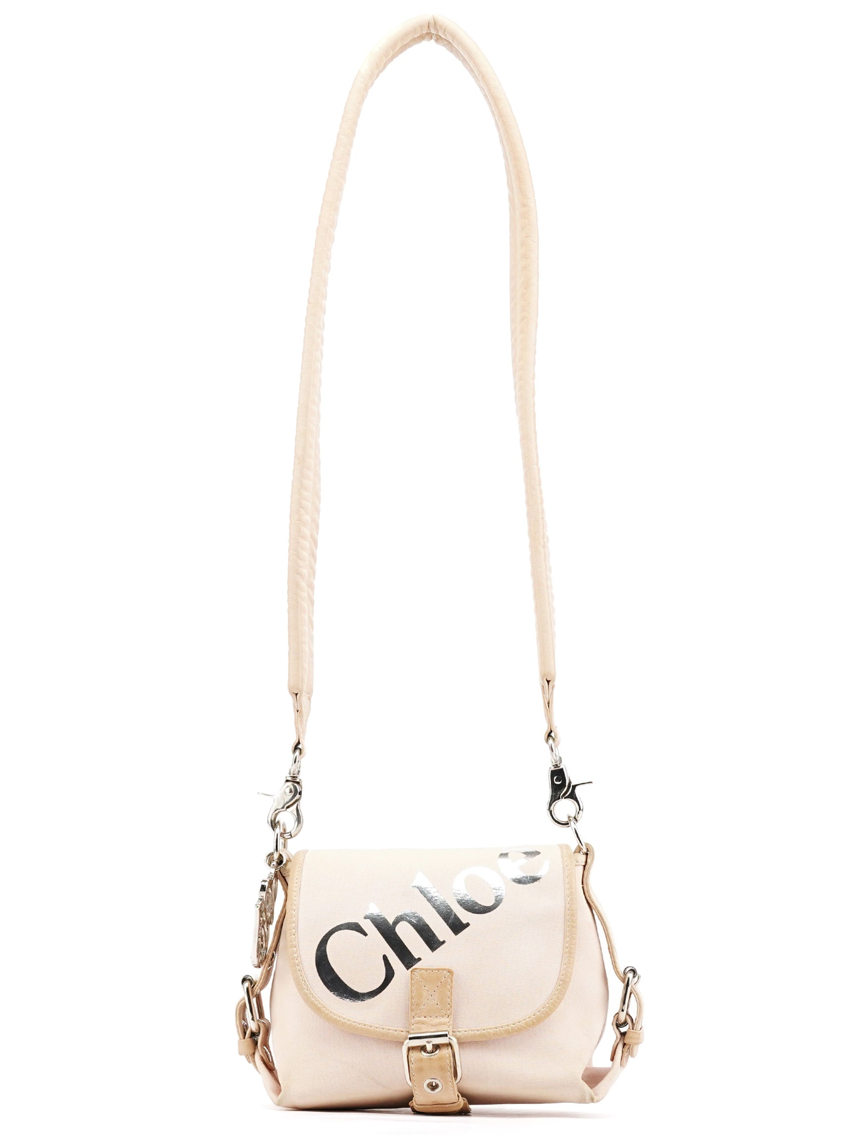 Beige Canvas Logo Flap Shoulder Bag
