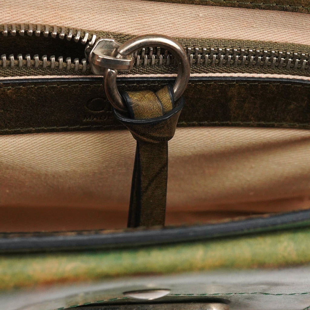 Beige Green Turnlock Top Handle Bag
