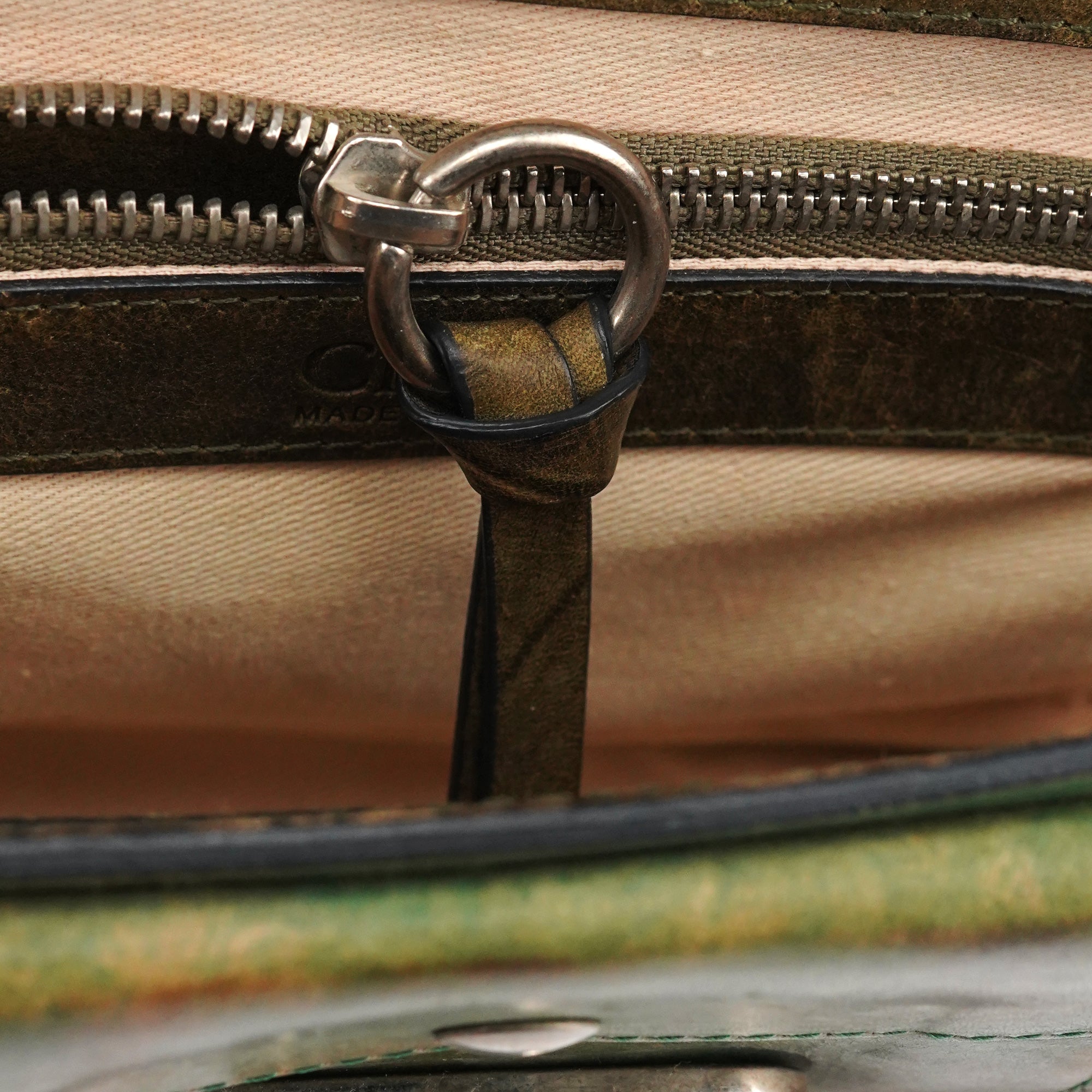 Beige Green Turnlock Top Handle Bag