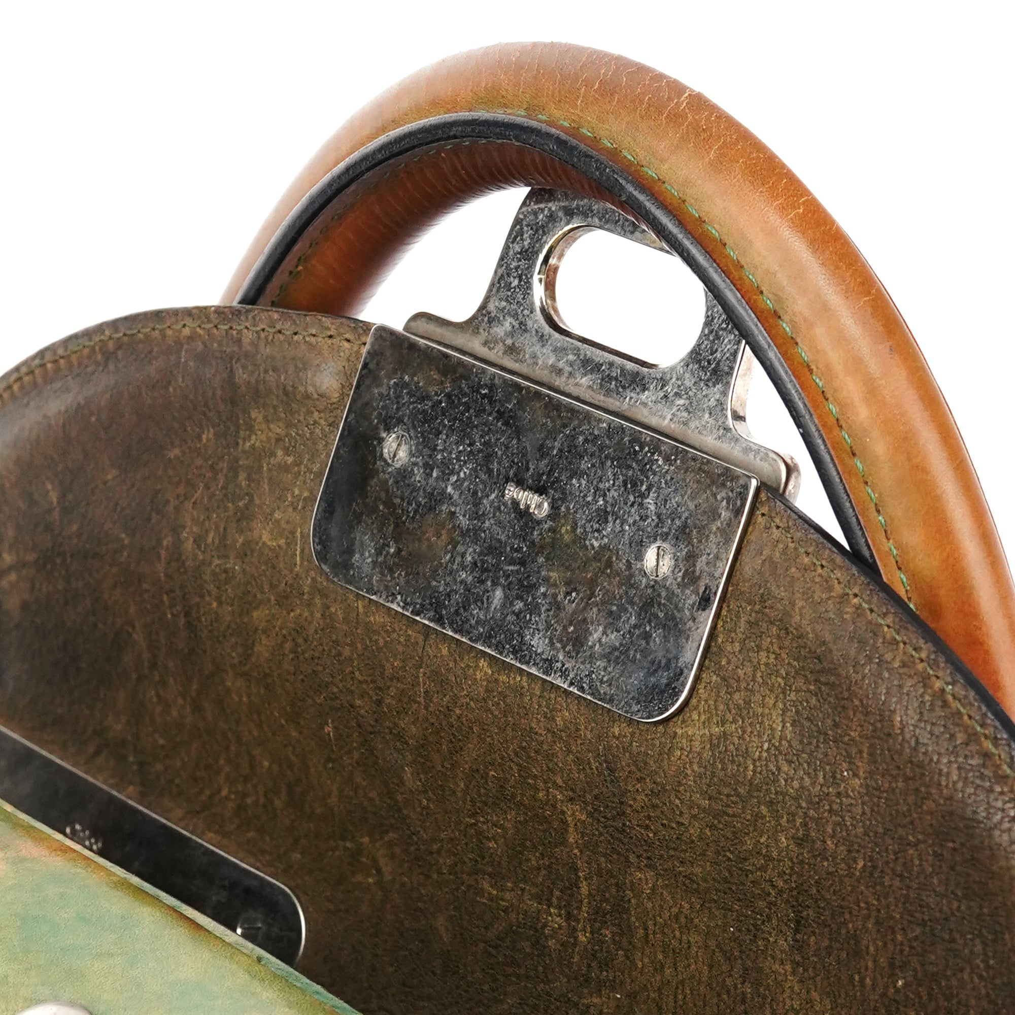Beige Green Turnlock Top Handle Bag