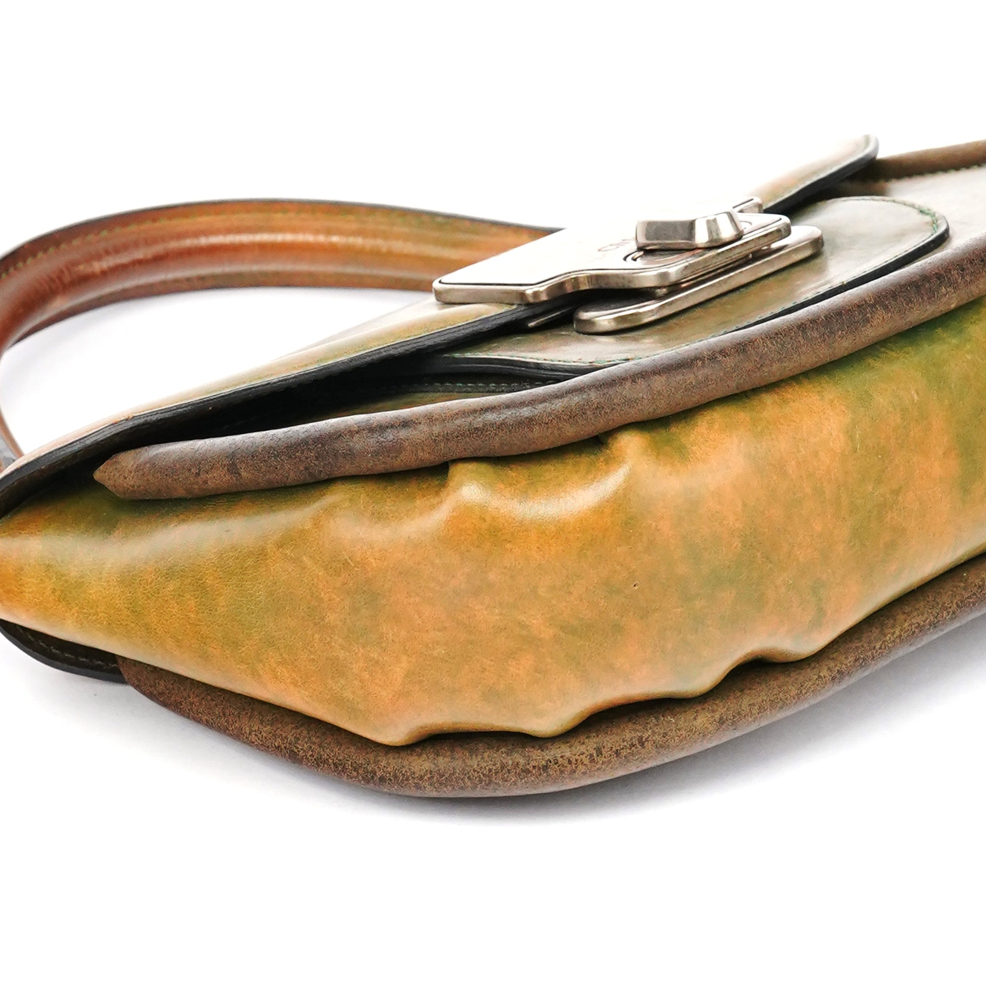 Beige Green Turnlock Top Handle Bag