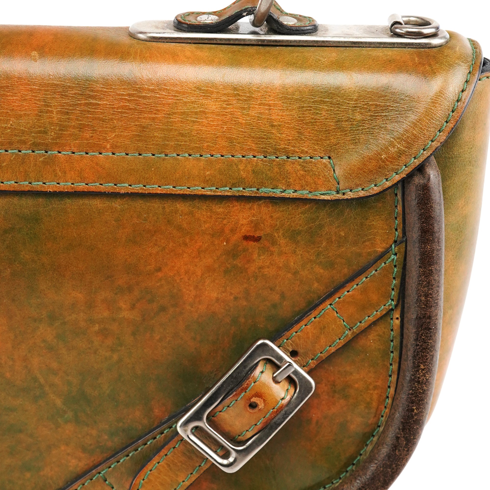 Beige Green Turnlock Top Handle Bag