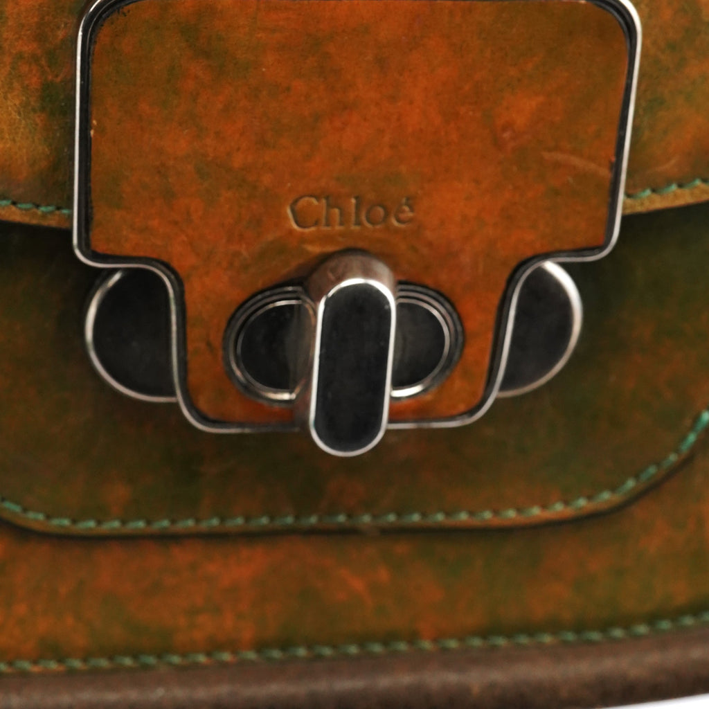 Beige Green Turnlock Top Handle Bag