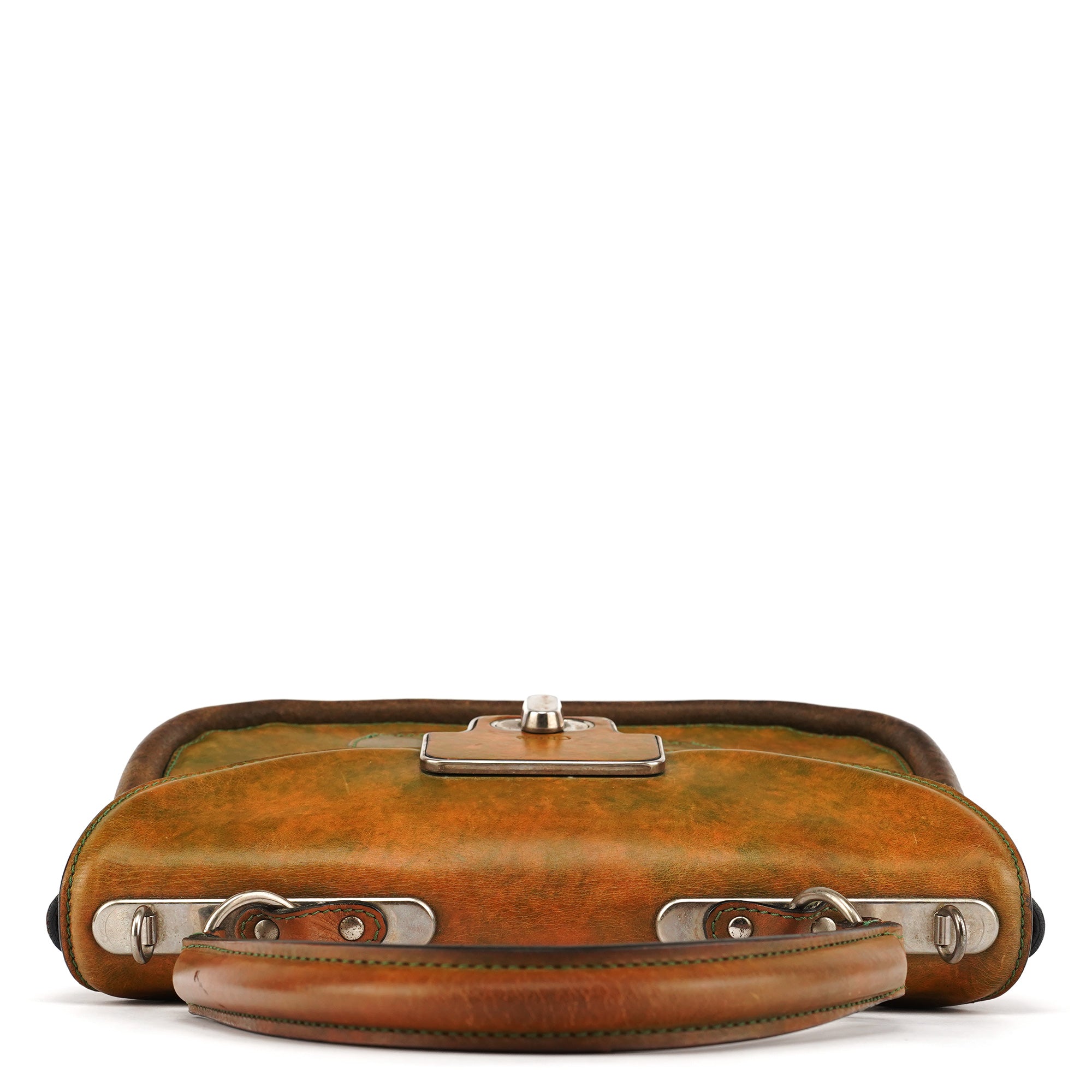Beige Green Turnlock Top Handle Bag