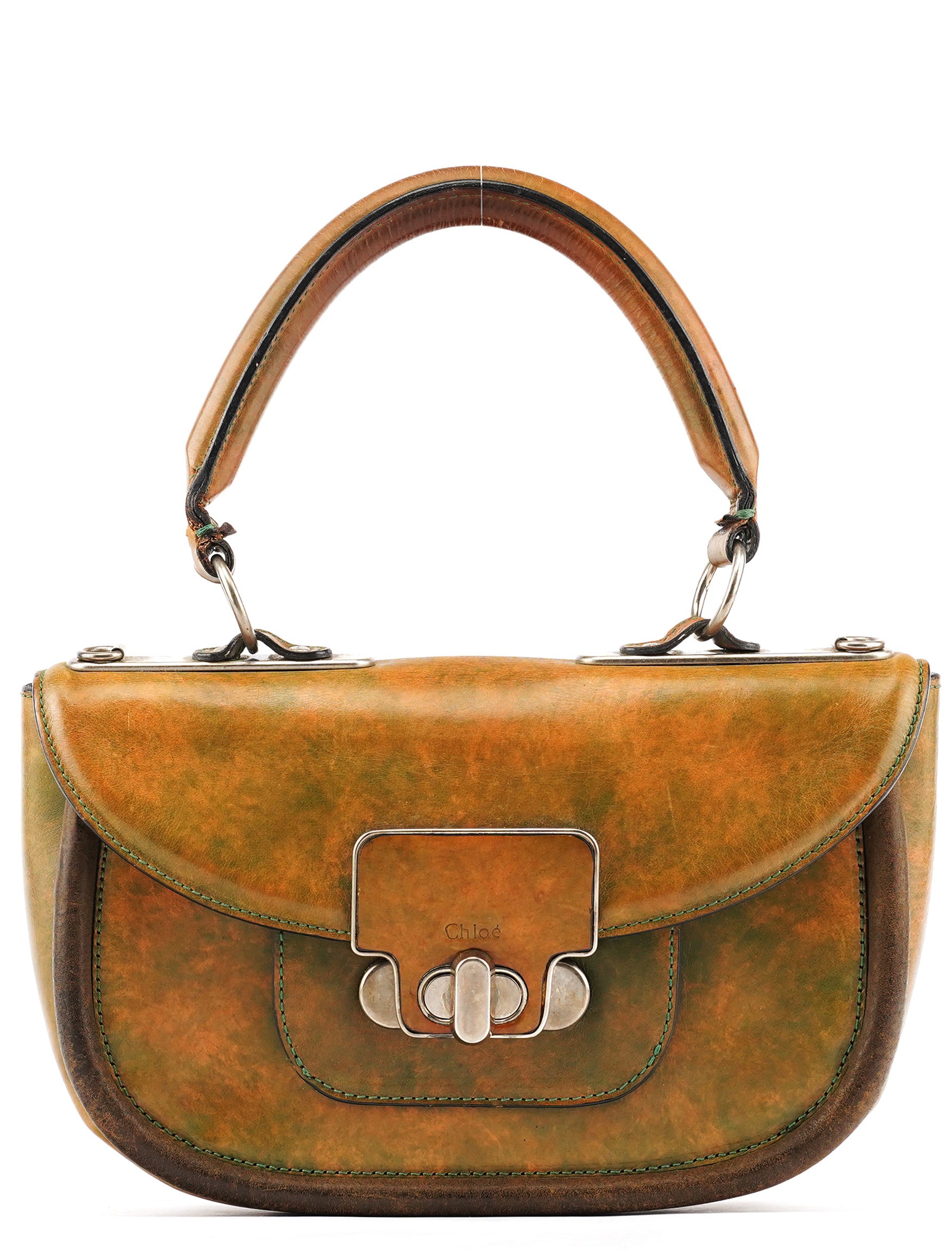 Beige Green Turnlock Top Handle Bag