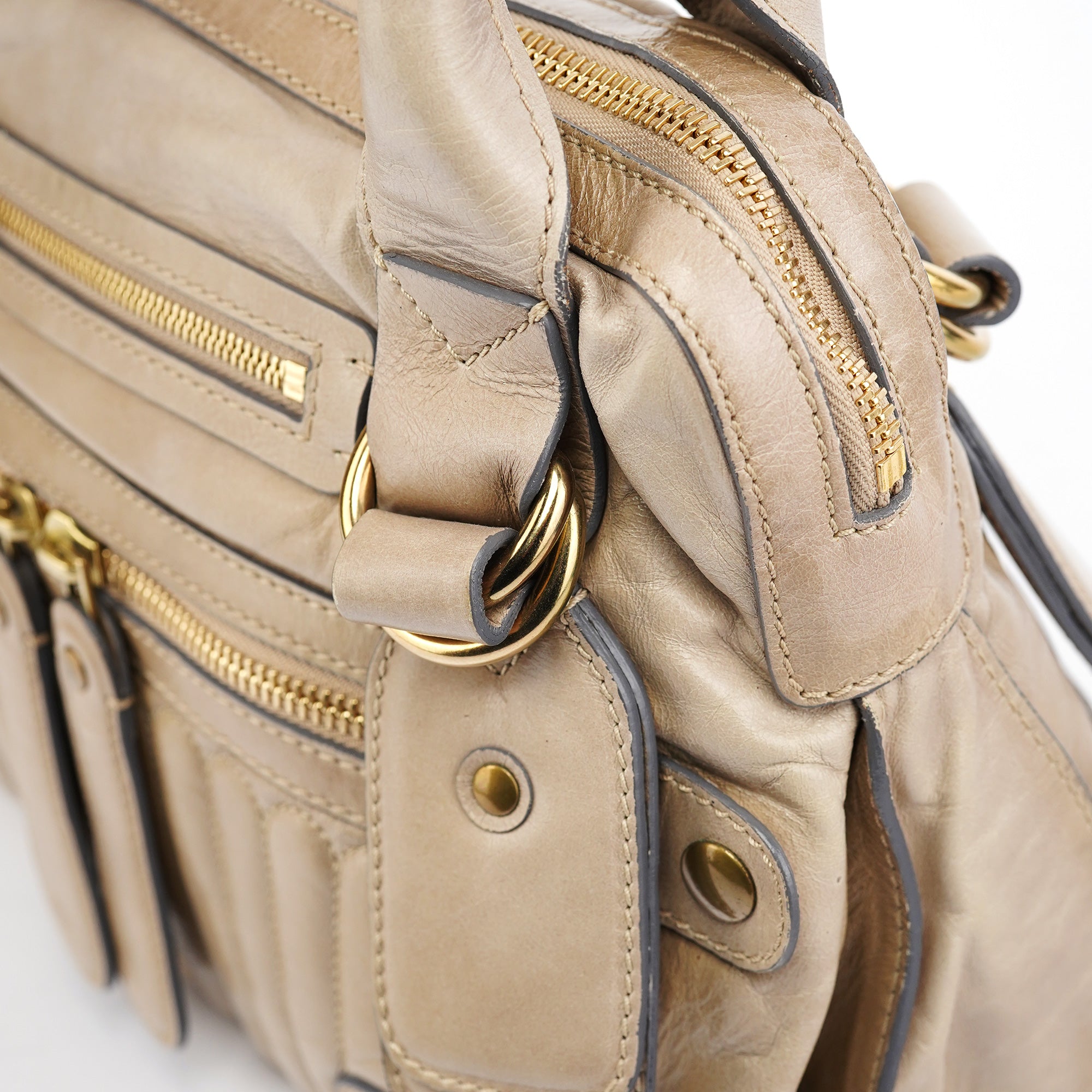 Beige Leather Bay Tote Bag