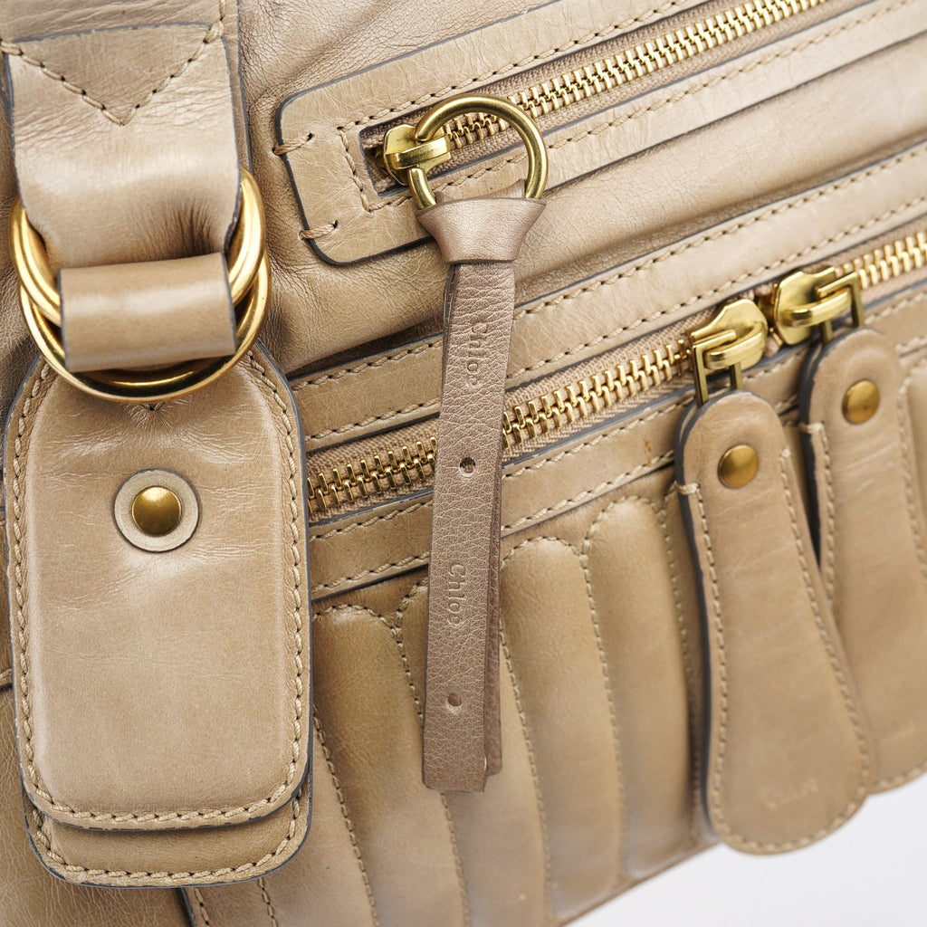 Beige Leather Bay Tote Bag