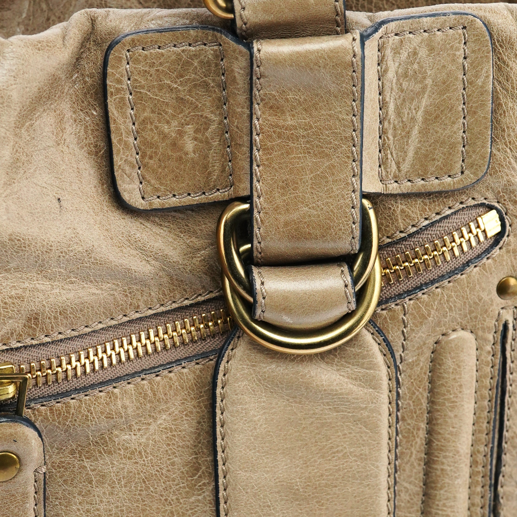 Beige Leather Bay Tote Bag