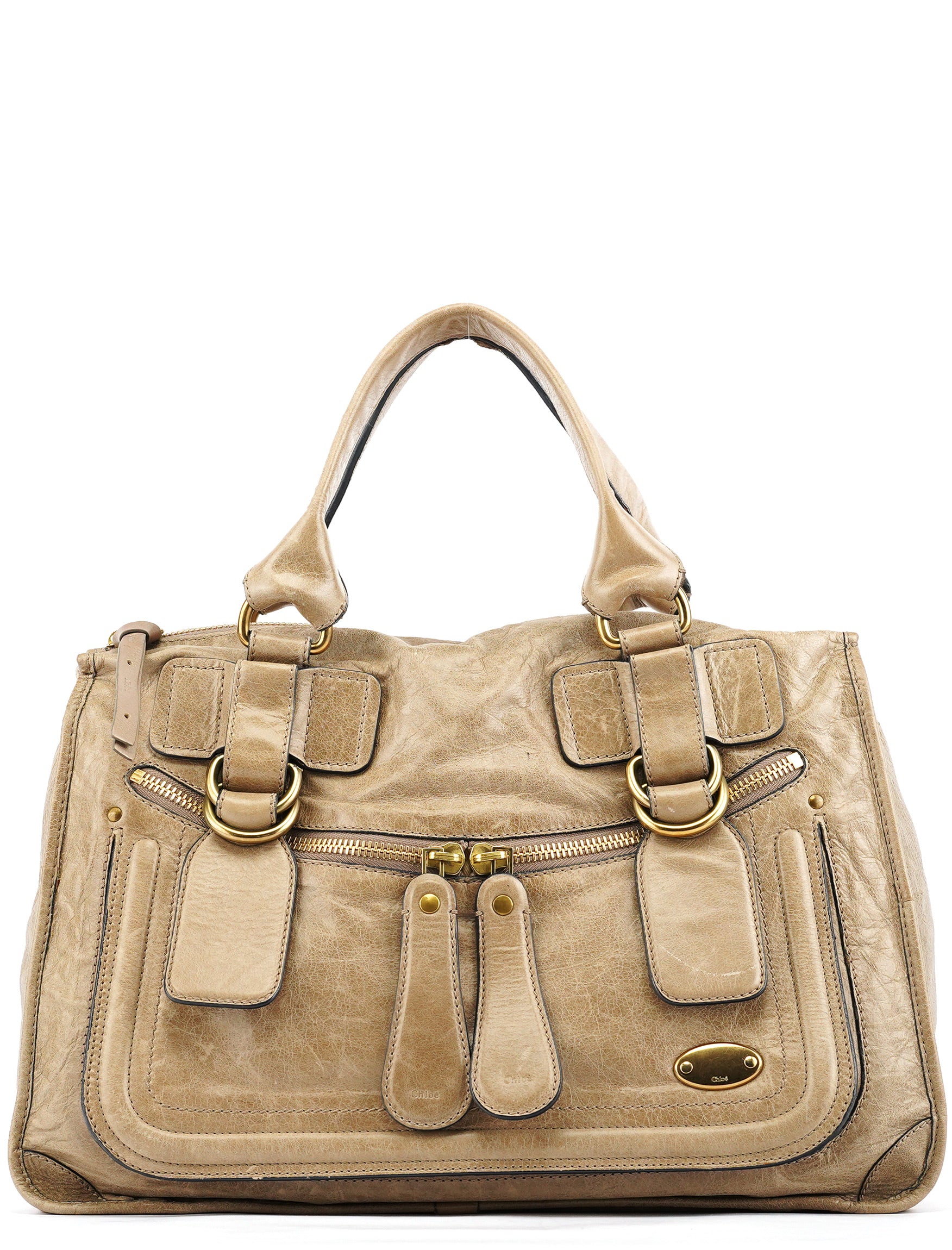 Beige Leather Bay Tote Bag