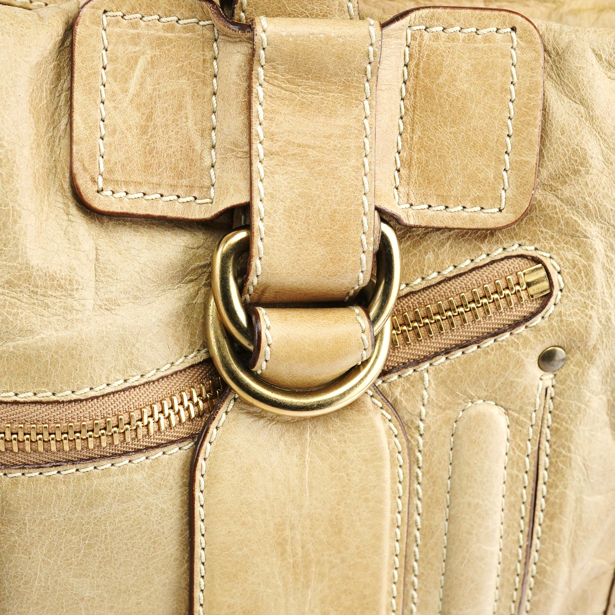 Beige Leather Bay Tote Bag