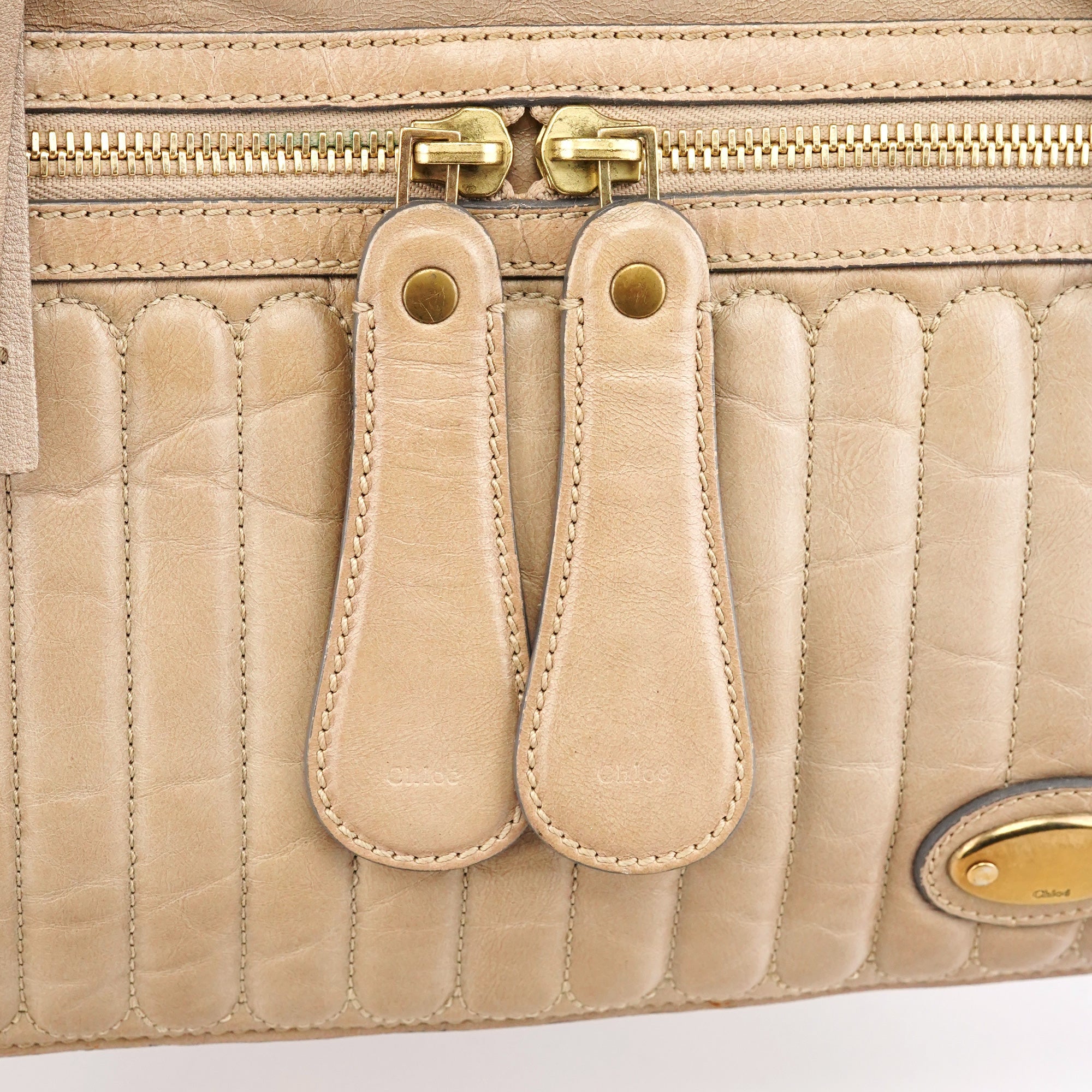 Beige Leather Bay Tote Bag