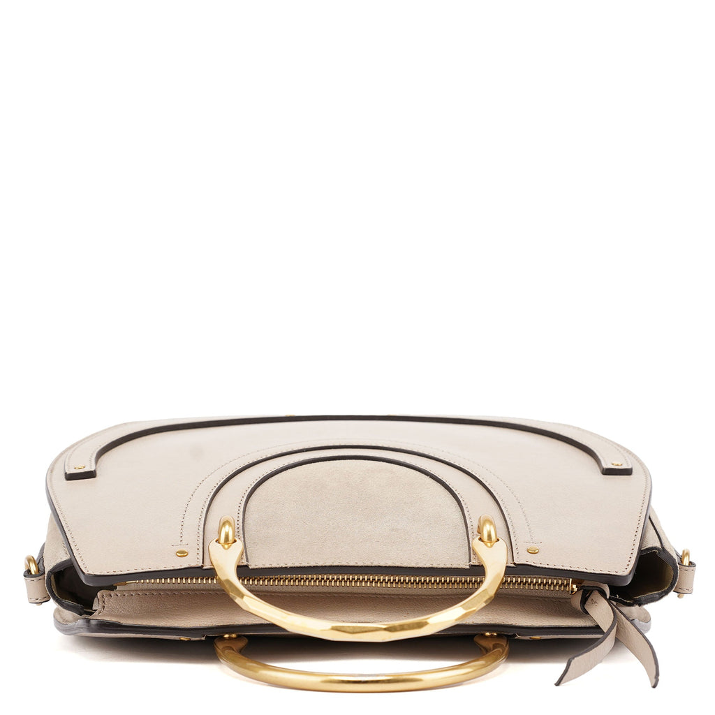 Beige Leather Gold Handle 2-Way Bag