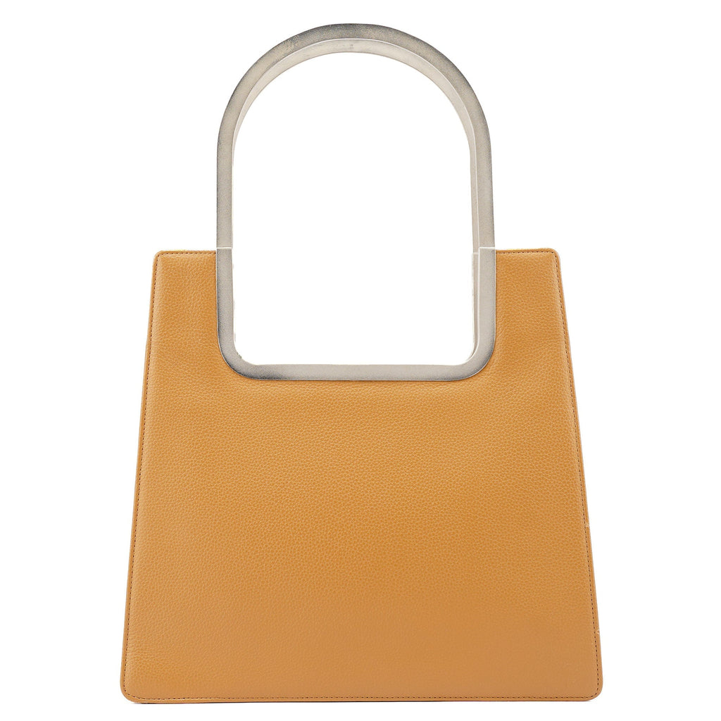 Beige Leather Metal Handle Shoulder Bag