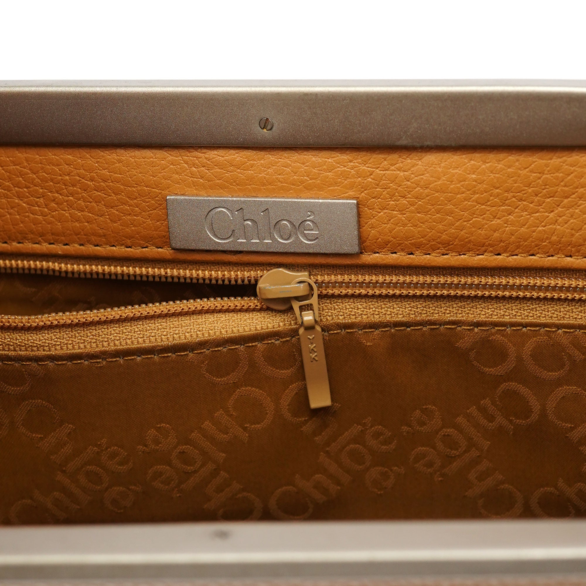 Beige Leather Metal Handle Shoulder Bag