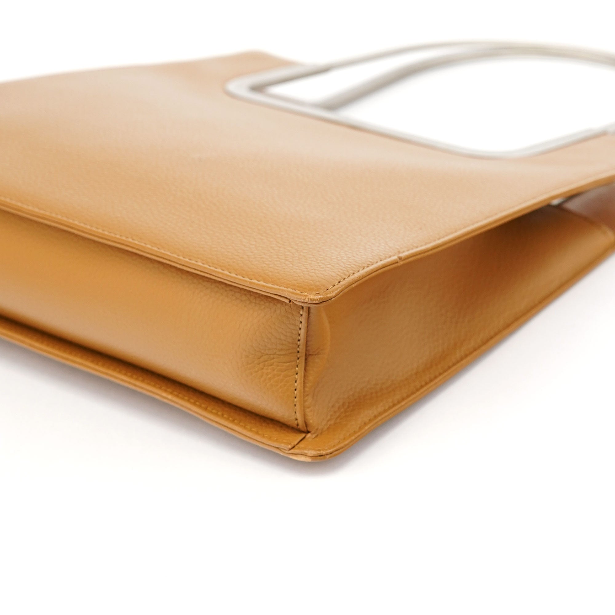 Beige Leather Metal Handle Shoulder Bag