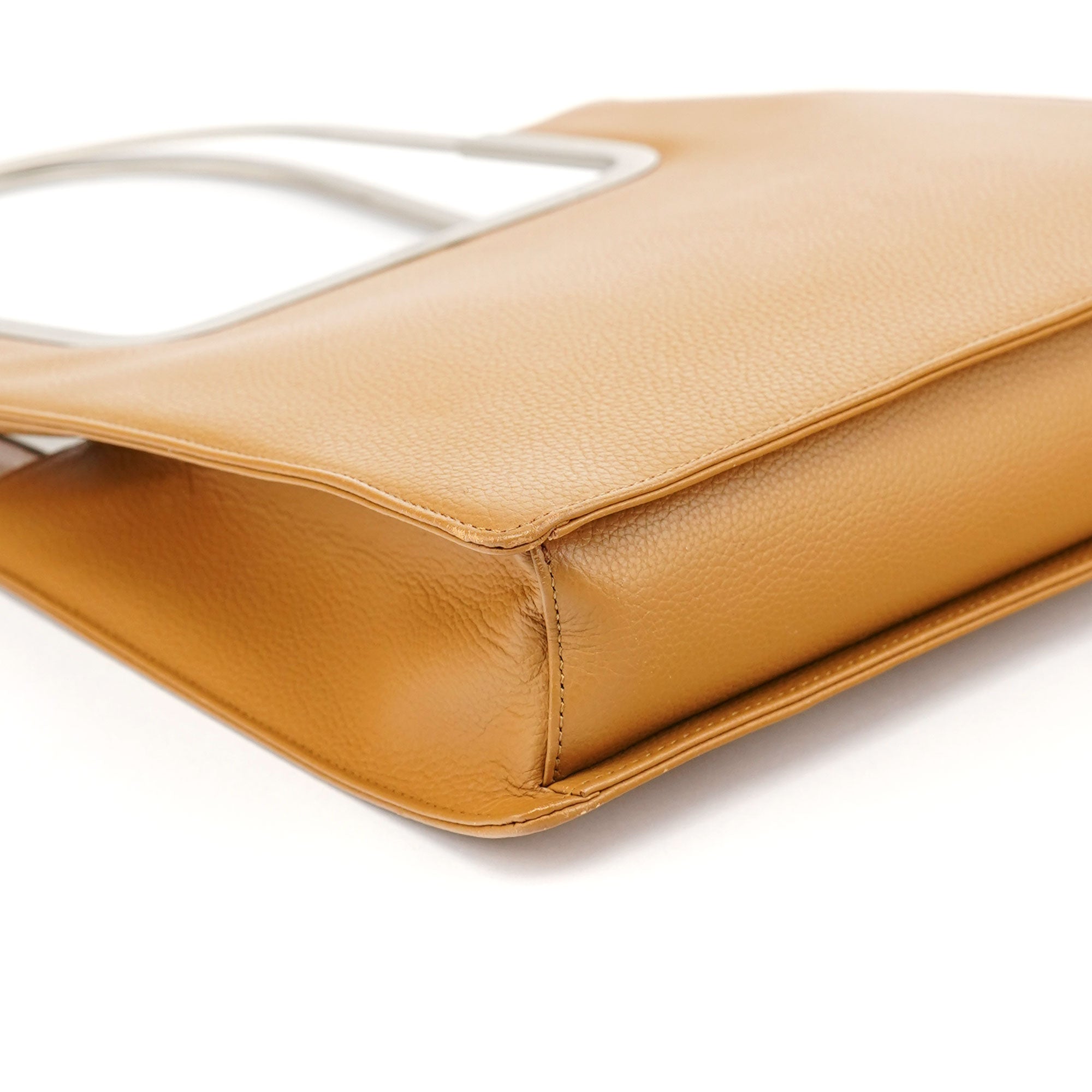 Beige Leather Metal Handle Shoulder Bag