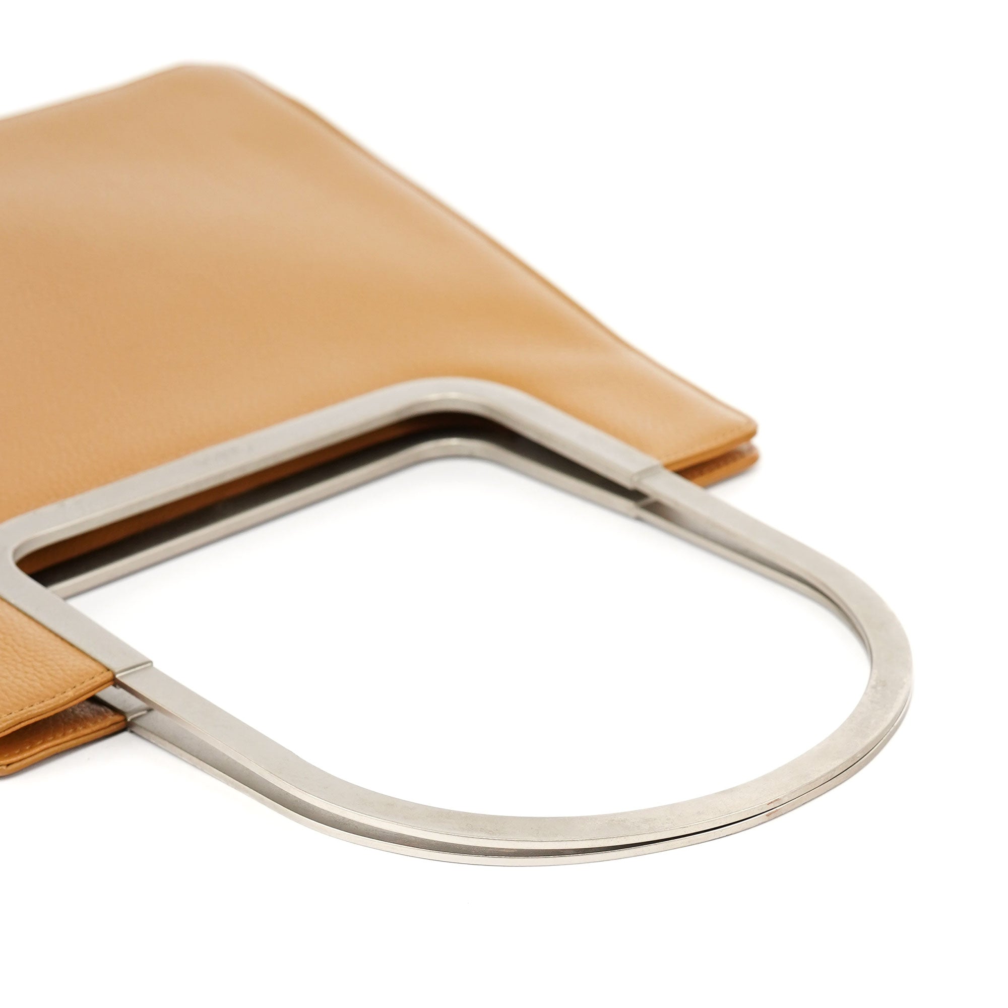 Beige Leather Metal Handle Shoulder Bag
