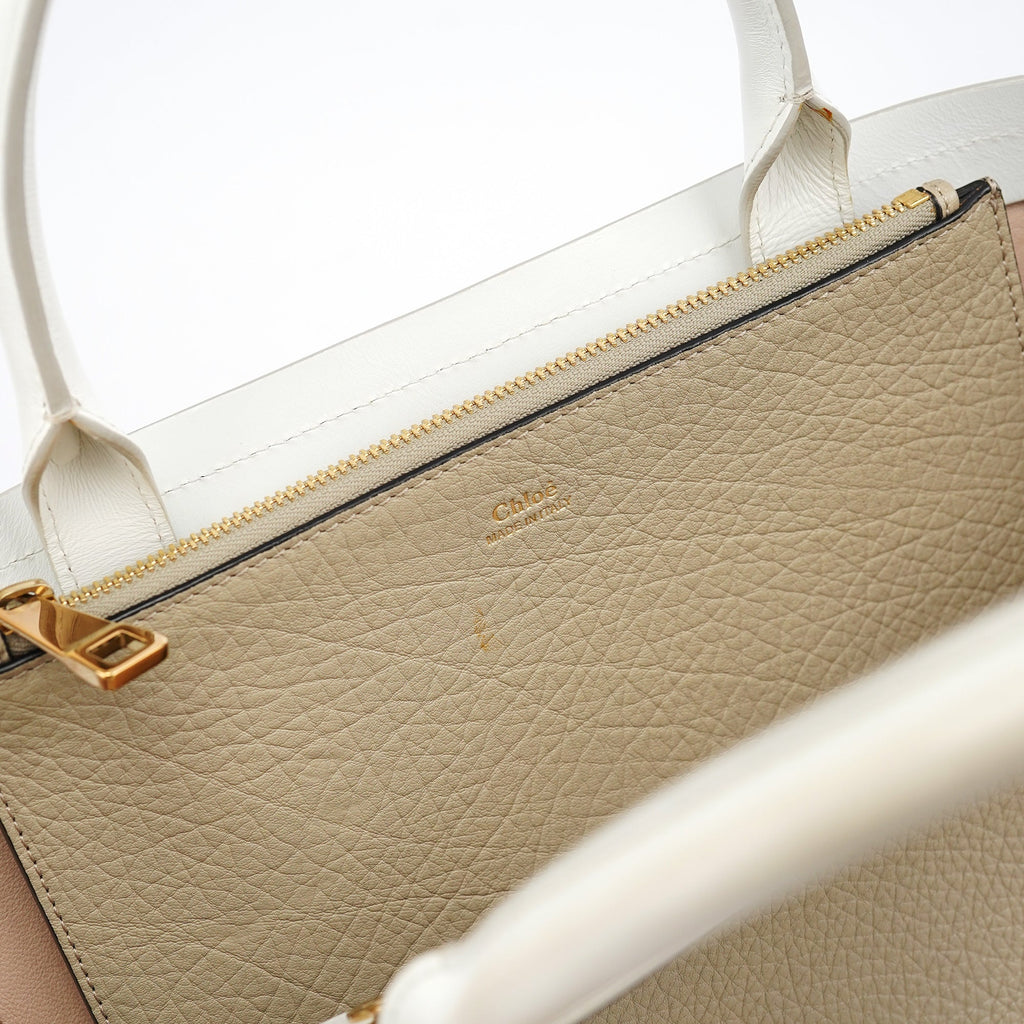 Beige White Leather Turnlock Tote Bag
