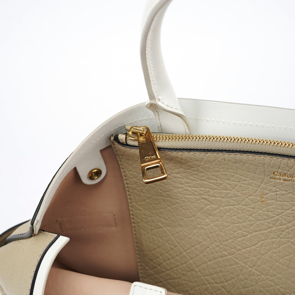 Beige White Leather Turnlock Tote Bag