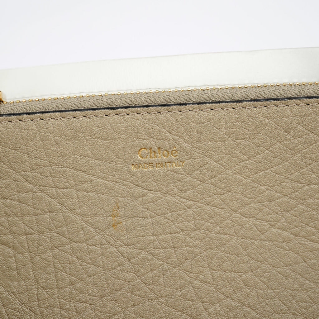 Beige White Leather Turnlock Tote Bag