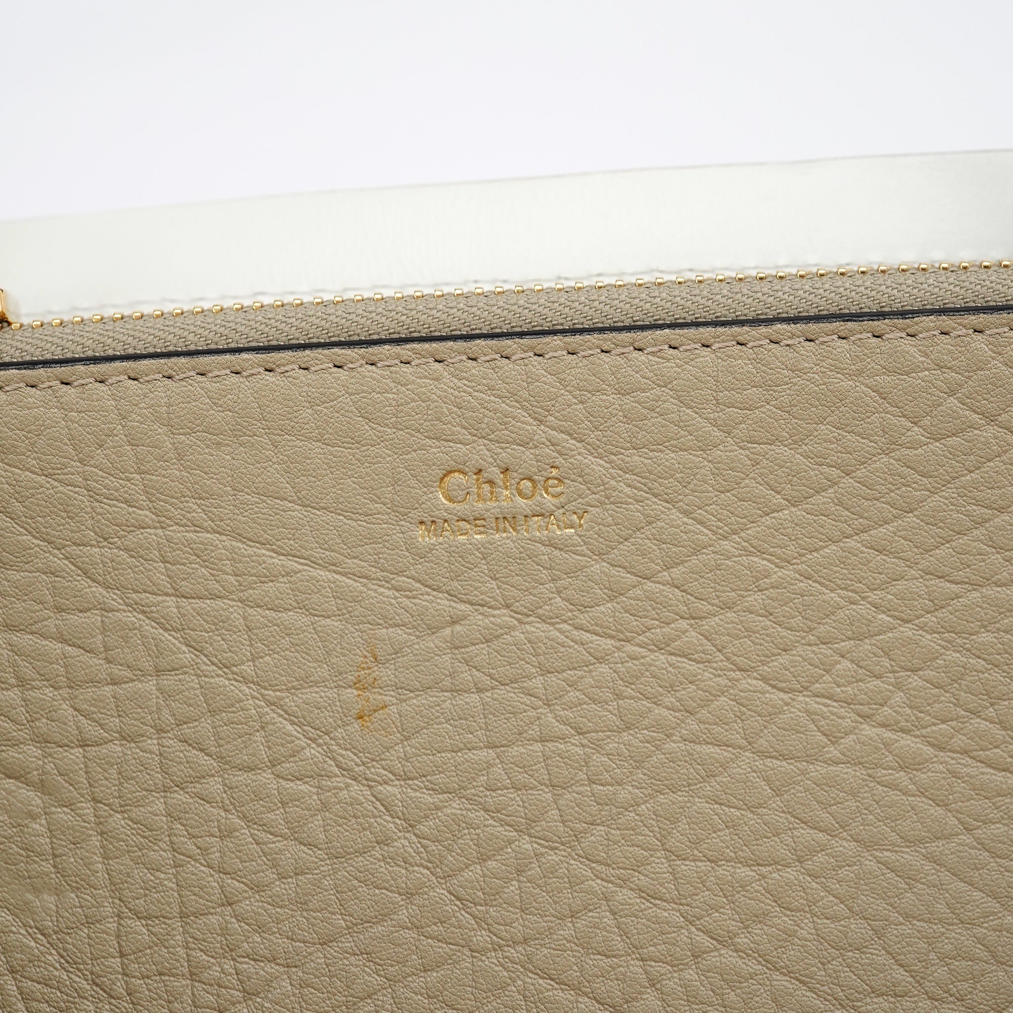 Beige White Leather Turnlock Tote Bag
