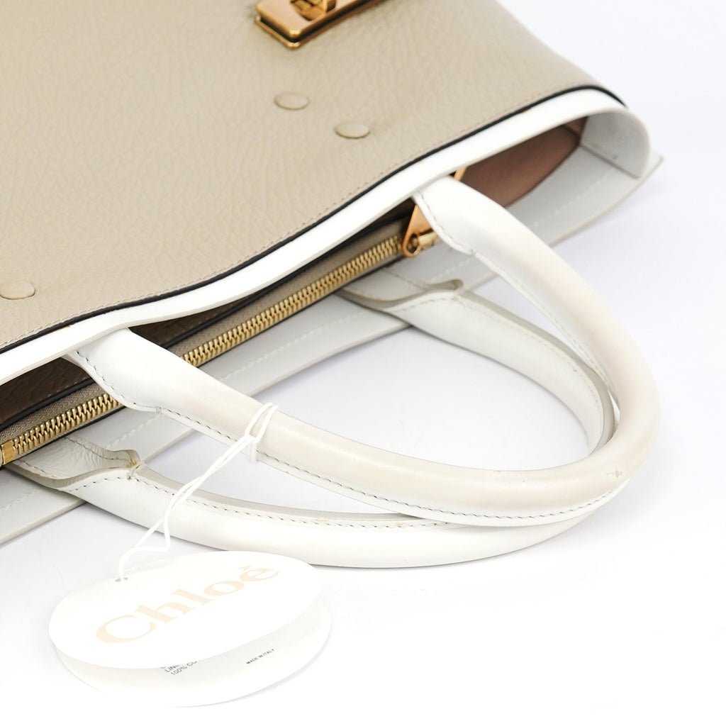 Beige White Leather Turnlock Tote Bag