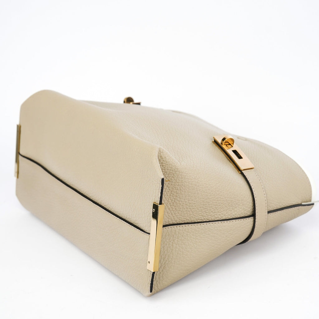 Beige White Leather Turnlock Tote Bag