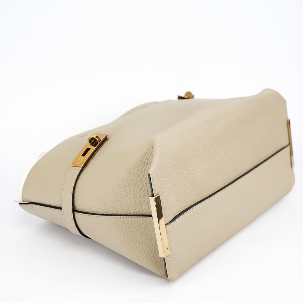 Beige White Leather Turnlock Tote Bag