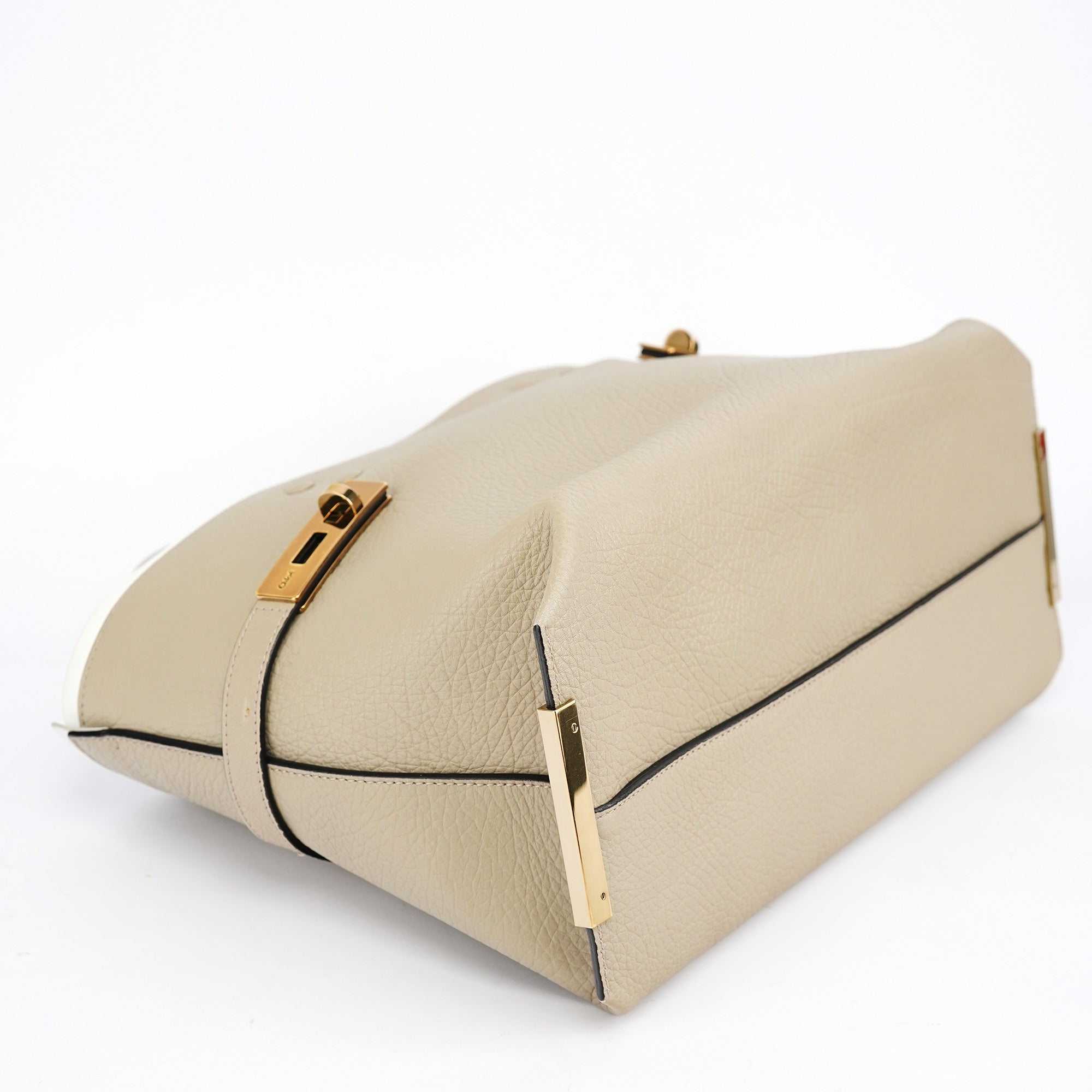 Beige White Leather Turnlock Tote Bag