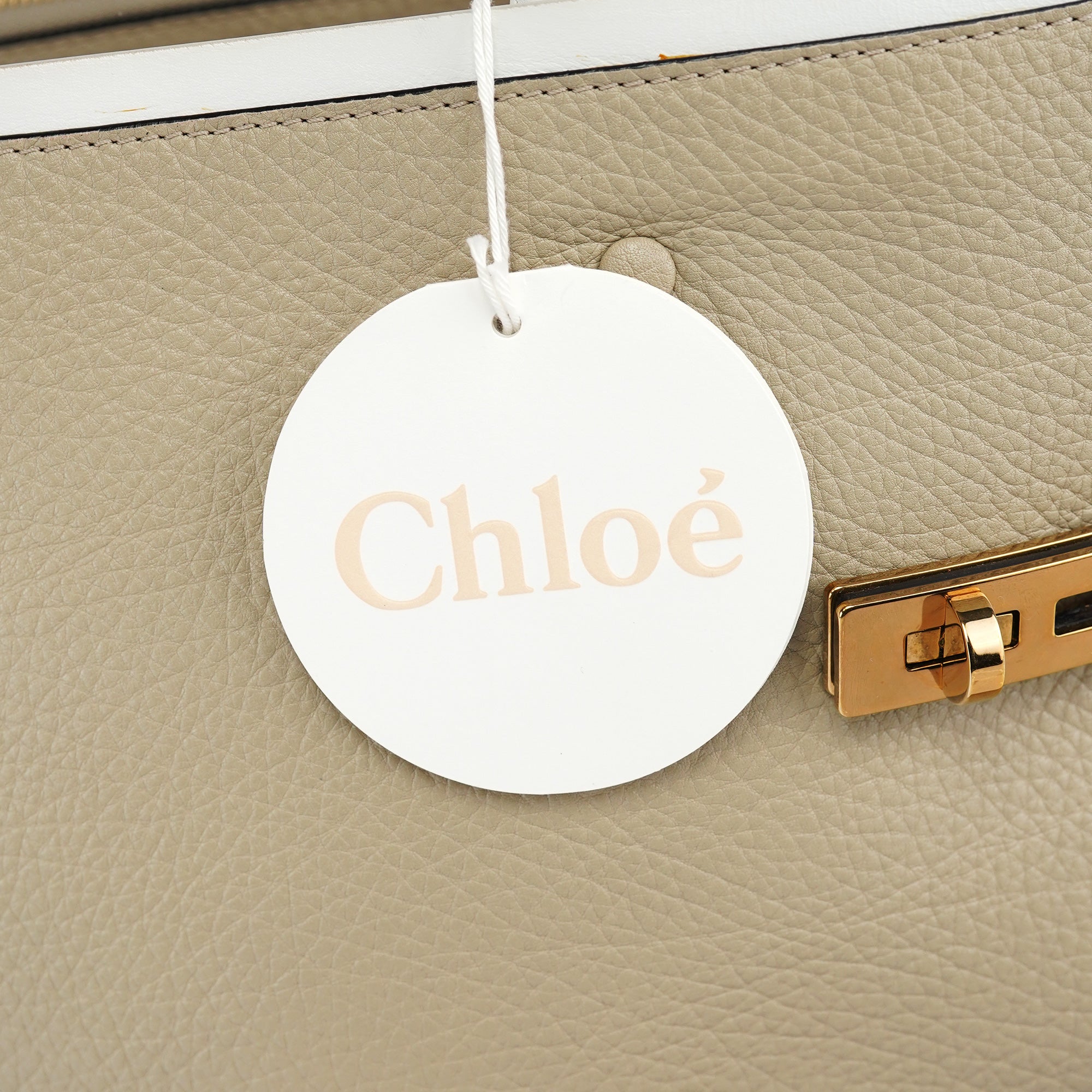 Beige White Leather Turnlock Tote Bag