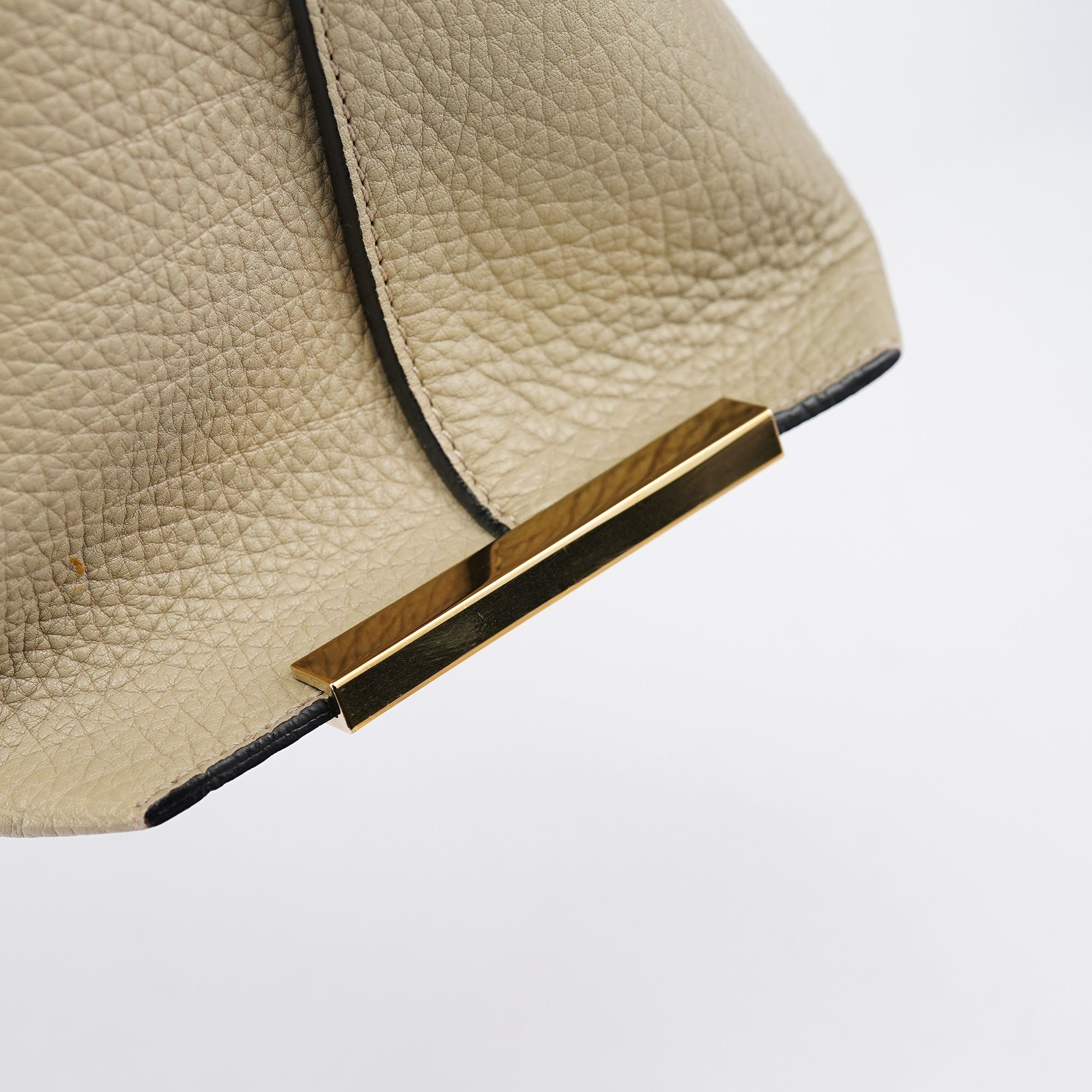 Beige White Leather Turnlock Tote Bag