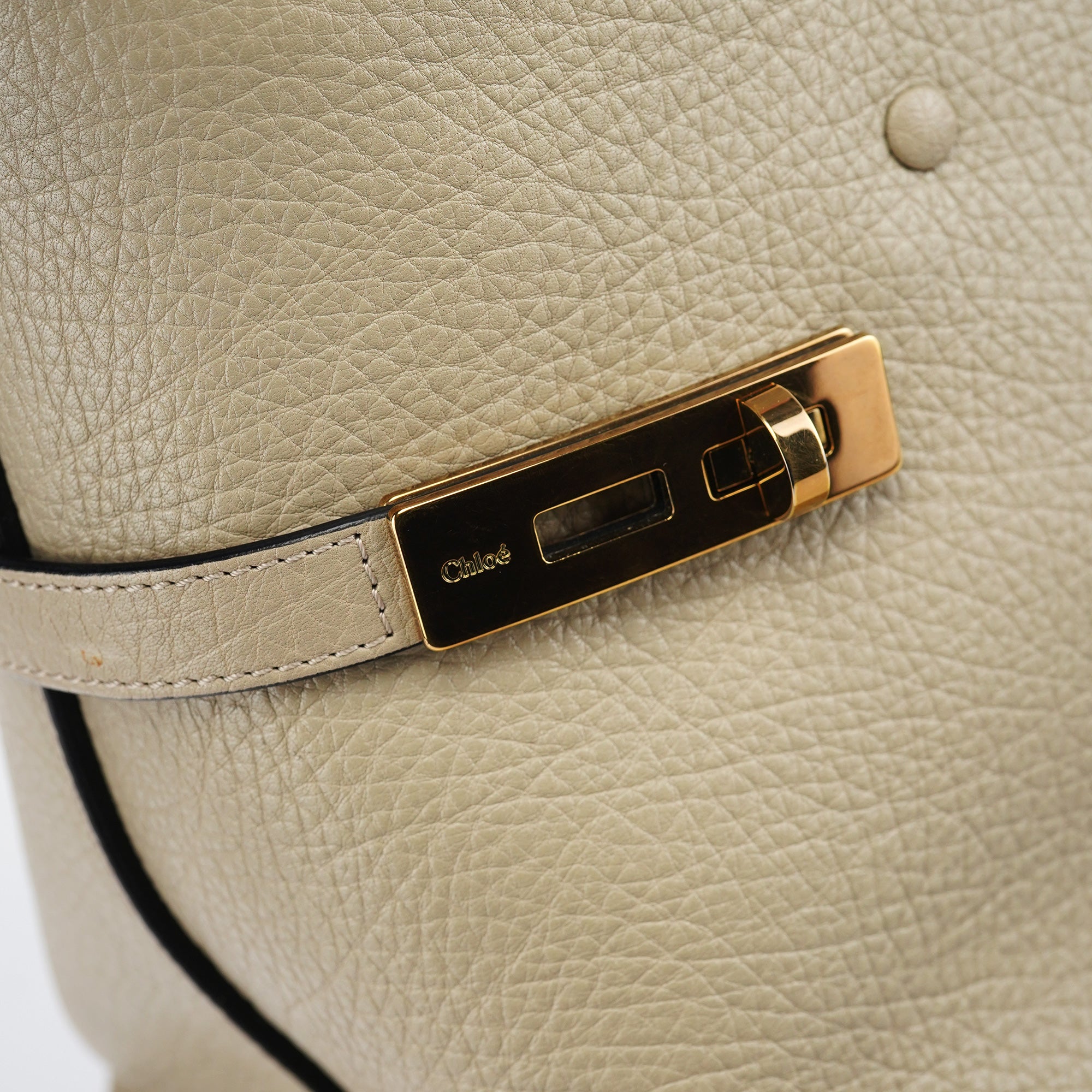 Beige White Leather Turnlock Tote Bag