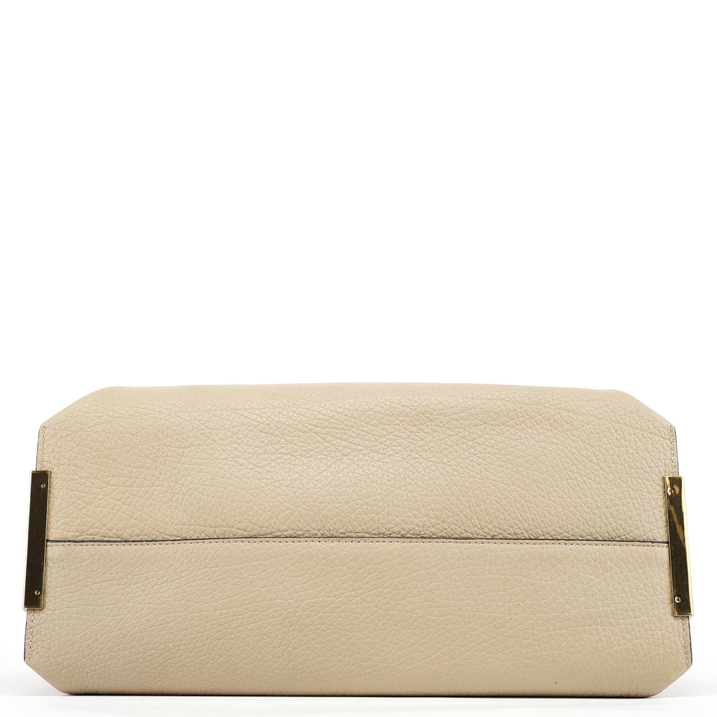 Beige White Leather Turnlock Tote Bag