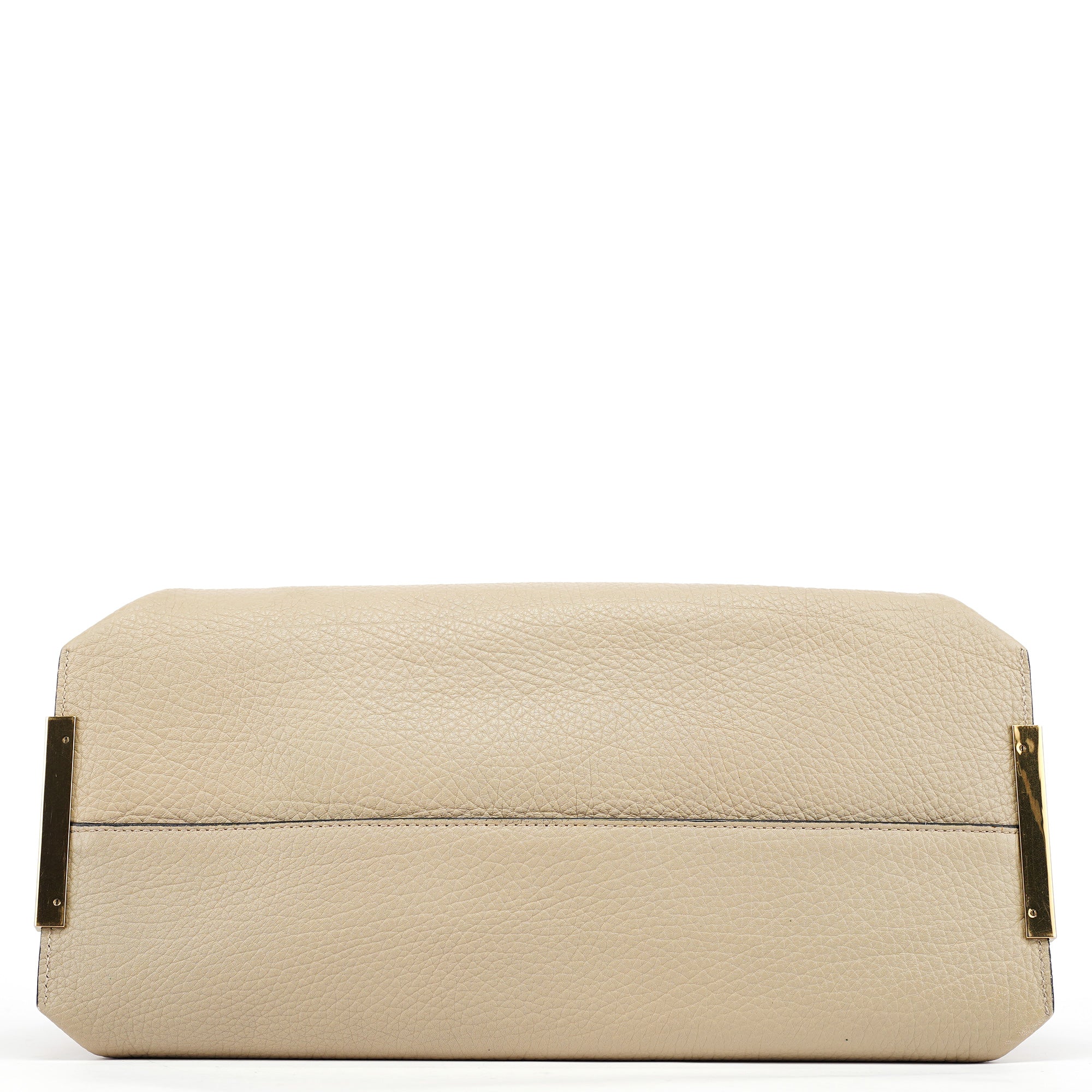 Beige White Leather Turnlock Tote Bag